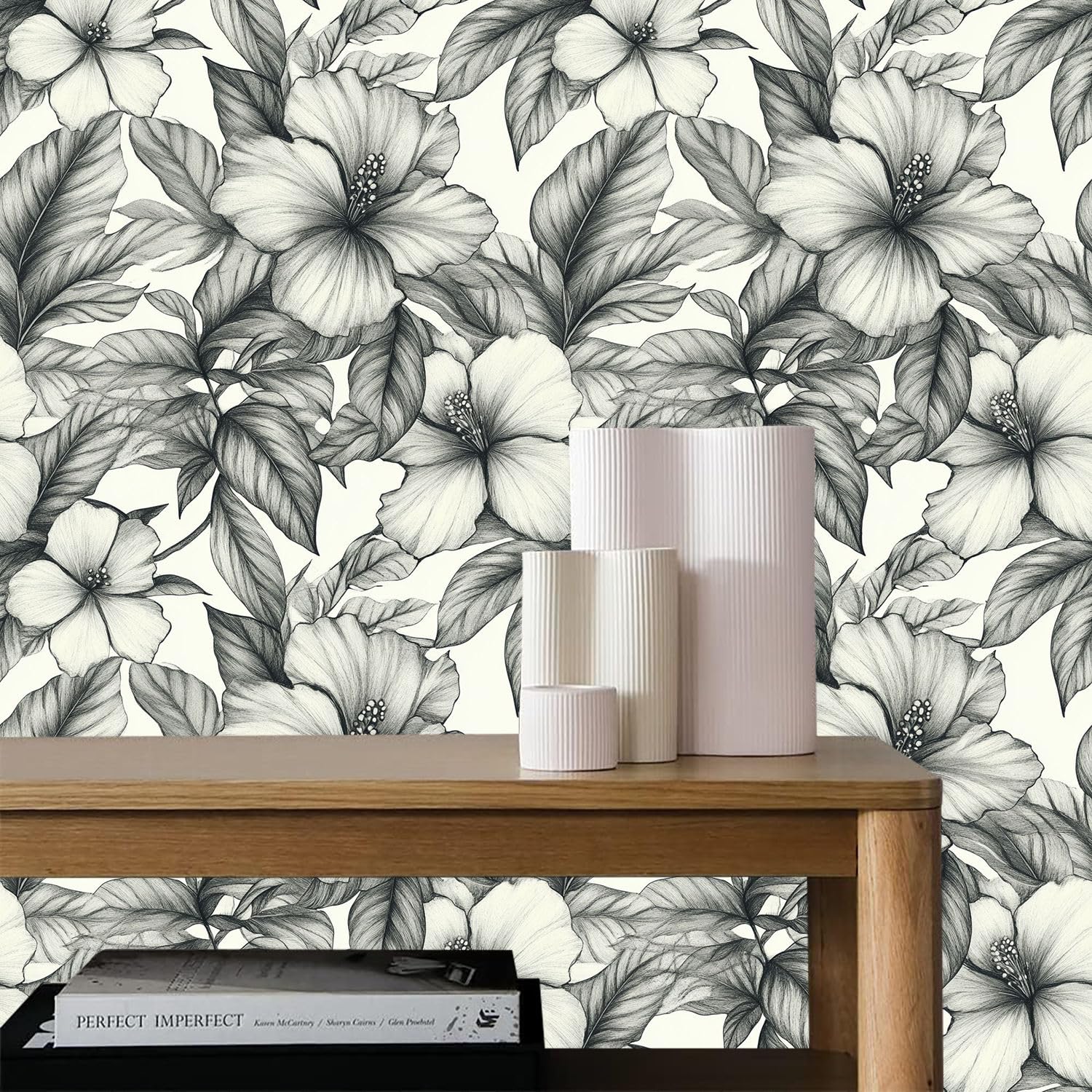 Papel pintado autoadhesivo Floral en blanco y negro Papel tapiz adhesivo Flor retro Plástico adhesivo impermeable para la parte posterior de la sala de estar el dormitorio los muebles el vinilo para