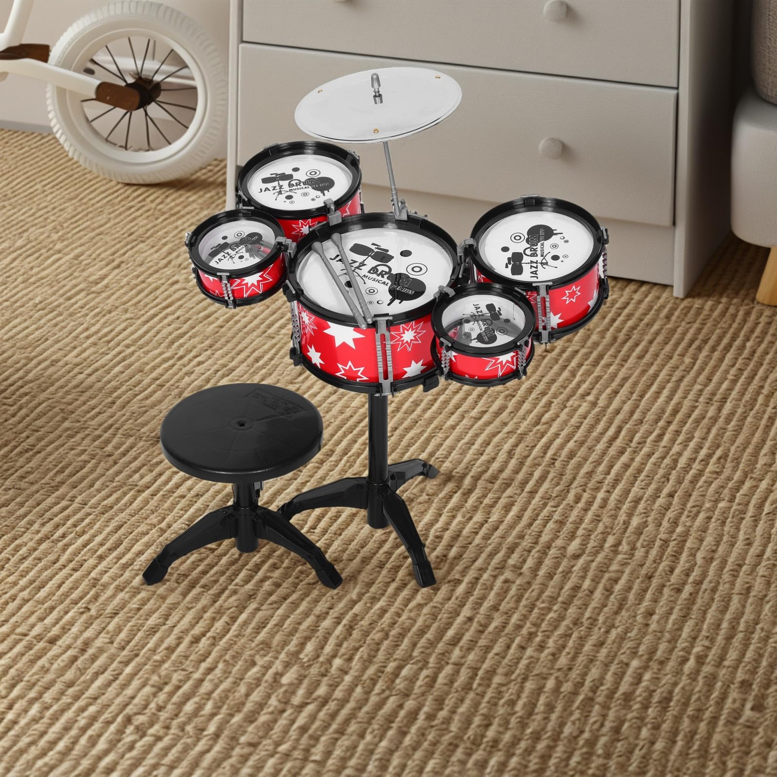 Set Batteria Giocattolo per Bambini Piccoli, Plastico, Jazz | Rosso, Design Realistico Robusto, Interazione Genitore-bambino, Kit Musicale Multifunzione
