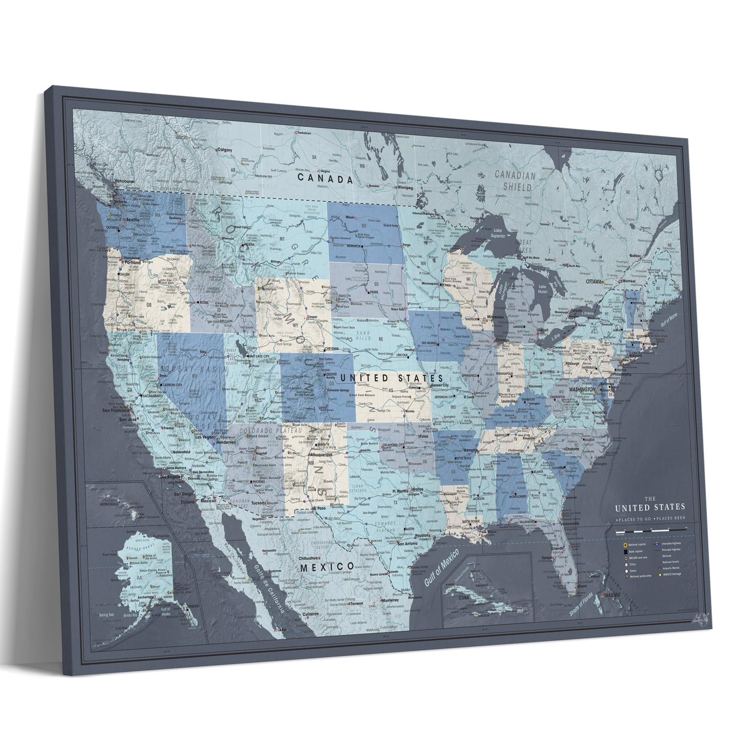 Detailed US Travel Map with Push Pins on Canvas - 35 x 24 by Pin Adventure map