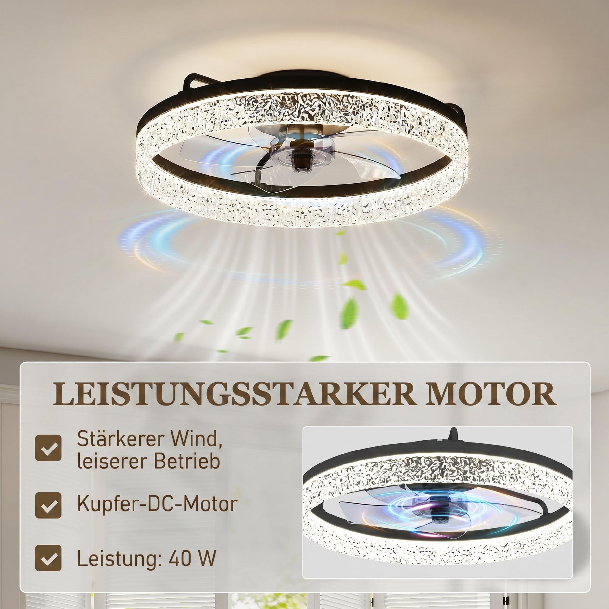 HOMCOM Deckenventilator mit Beleuchtung und Fernbedienung, Ø50 cm, 40 W Dimmbare Leise LED Deckenleuchte mit Ventilator, 6 Geschwindigkeiten, umkehrbar DC Motor, Timer, Schwarz