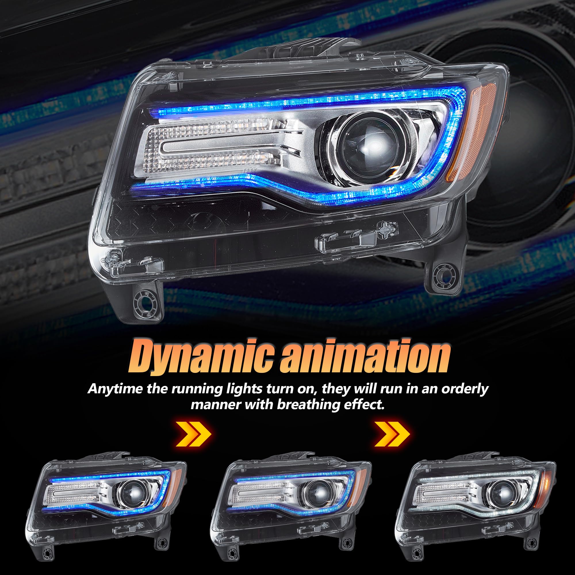 Reflektor LED Grand Cherokee WK2 2011 2012 2013 z dynamicznym wyświetlaczem po stronie kierowcy i pasażera, chromowany