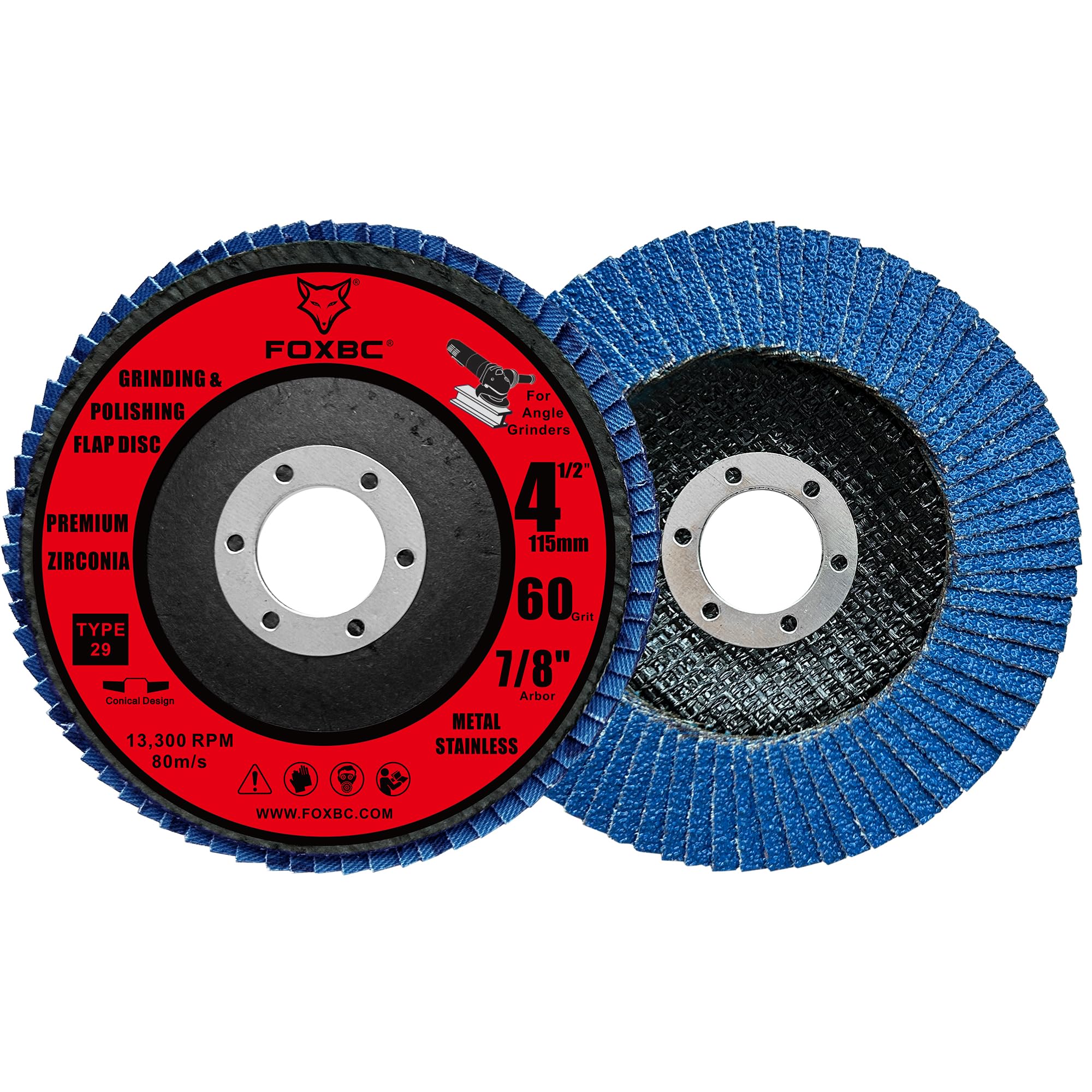 FOXBC Lot de 10 disques à lamelles grain 60 pour meuleuse d'angle, type 29, oxyde de zirconium de qualité supérieure, meulage et polissage pour métal, 10 pièces