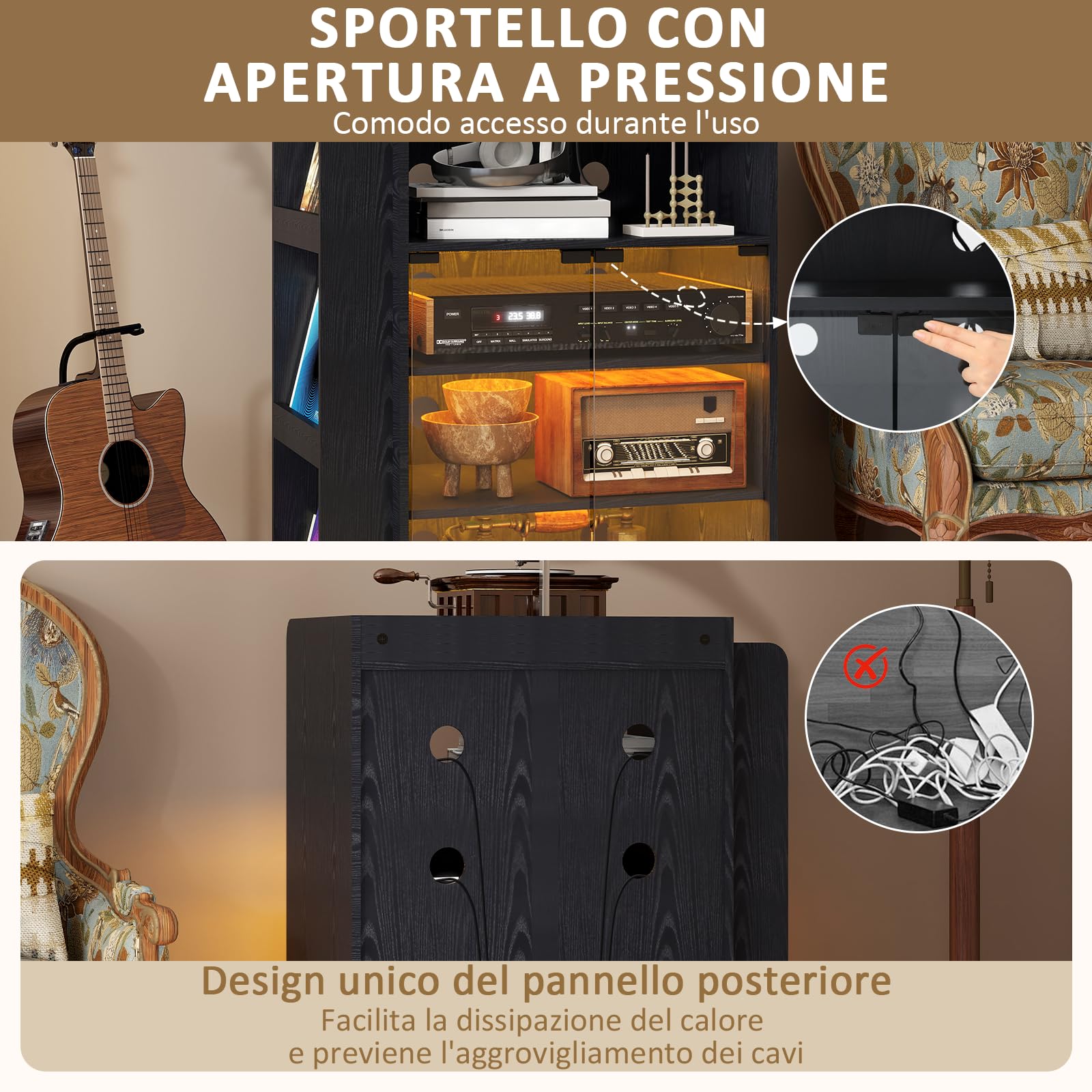 YU YUSING Vetrina Espositiva con LED per Vinili e CD, Mobile Espositivo con Porta Vinili a 5 Ripiani, Mobile Giradischi Porta CD, Presa di Corrente Integrata e Ruote, Giradischi, lettore DVD, Nero