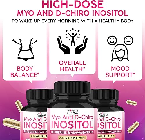 Miniatura 5 de Organic Cadane Myo and D-Chiro - Cápsulas de inositol para mujer, con berberina, ashwagandha, maca, casteberry y 6 más  Regularidad del ciclo,