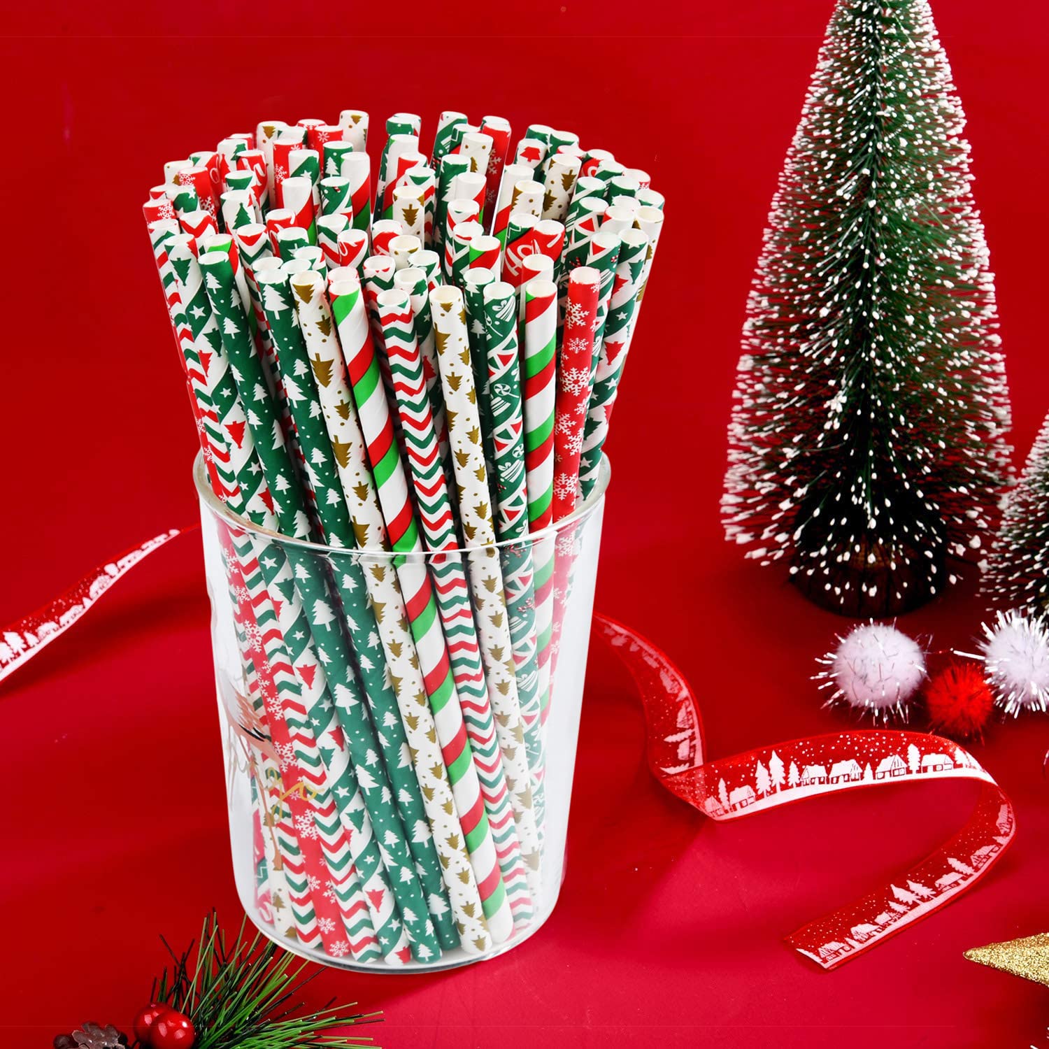 Image secondaire de ALINK Lot de 200 pailles en papier biodégradables recyclables colorées pour Noël, anniversaire, mariage, fête