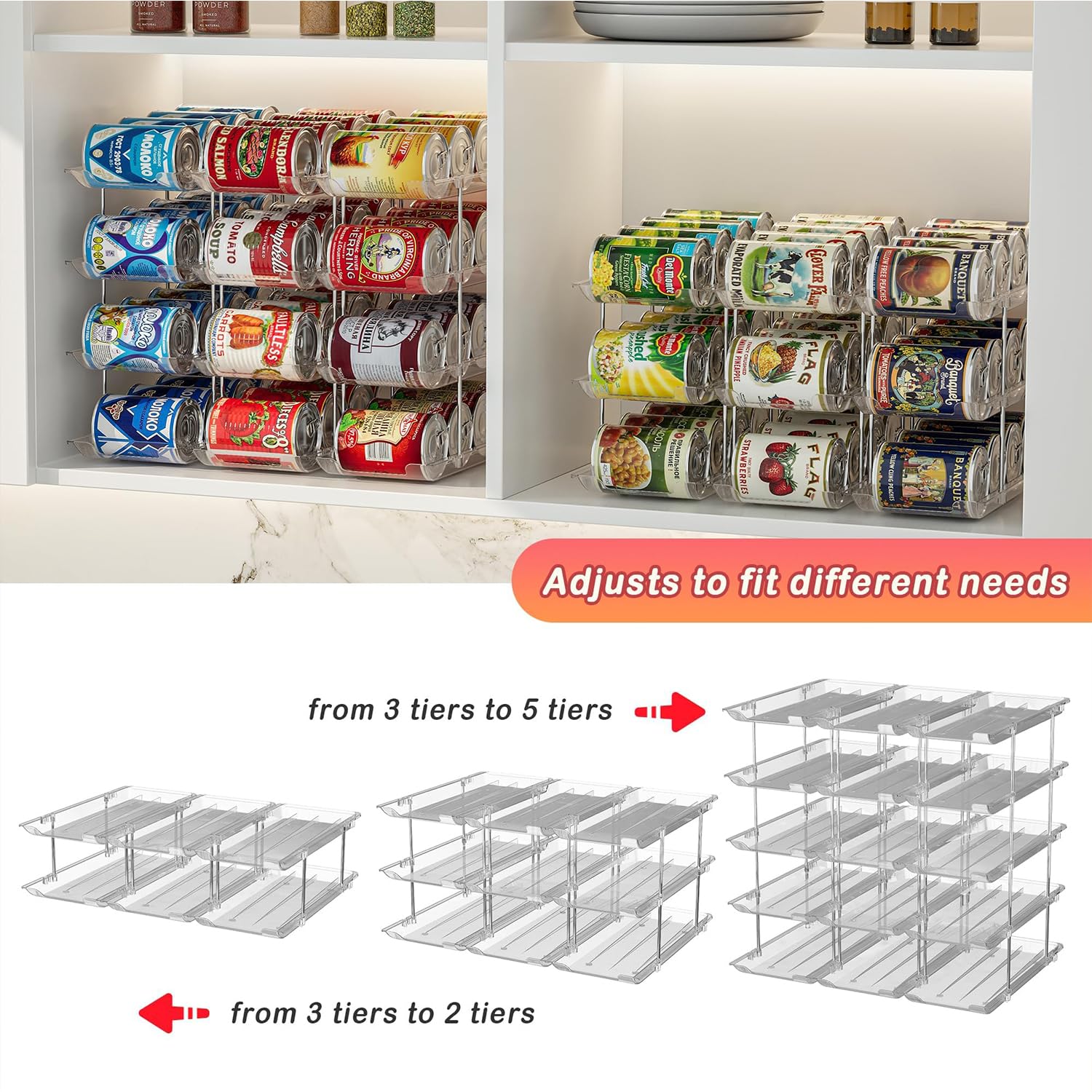 STORICANS Kan organizer voor voorraadkast, verstelbare hoogte en breedte ingeblikte goederen organizer, soepblikjesorganizer voor maximaal 60 blikjes voor keukenkast of koelkast (CLear 5 Tier