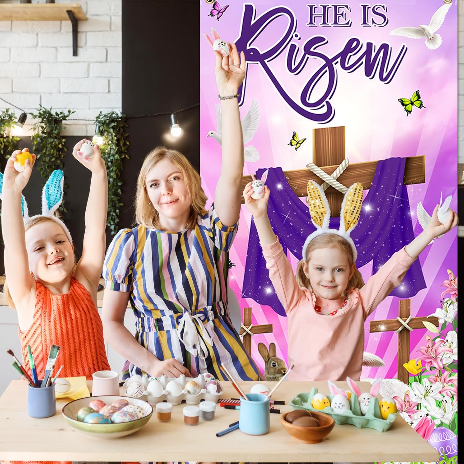 He Is Risen Banner 6x3 ft Purple Religious Cross Easter Door Cover Lily Bunny He Has Risen Backdrop Christian Door Decorations Photo Props