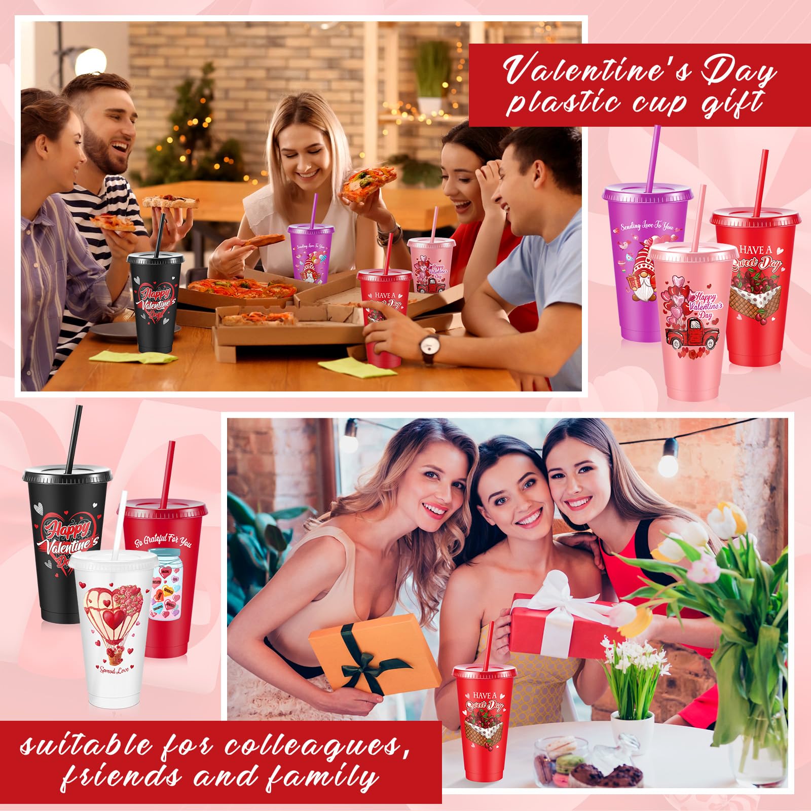 Uiifan Lot de 24 gobelets en plastique réutilisables avec couvercle et paille pour la Saint-Valentin avec couvercle et paille - 710 ml (tendance)