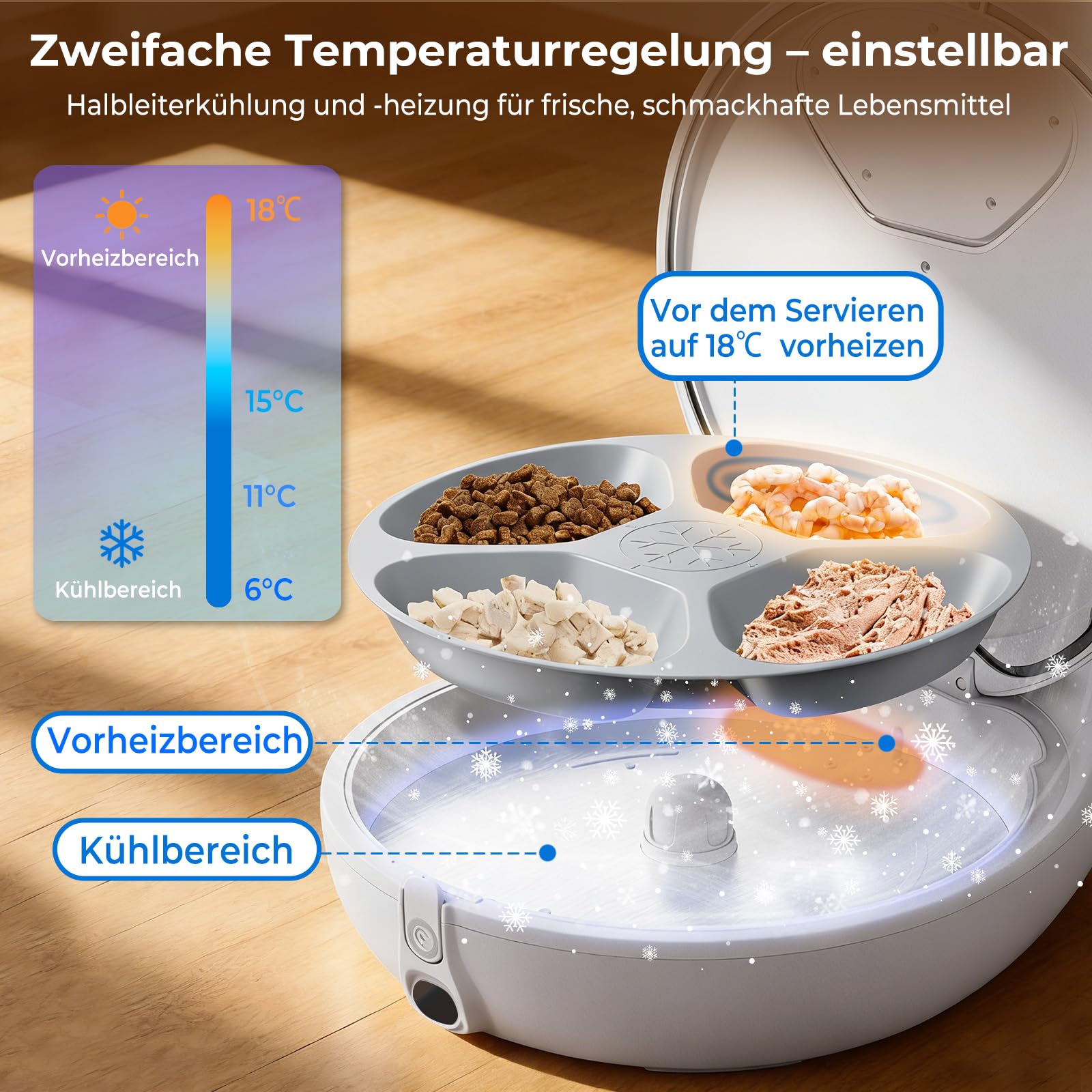 Futterautomat Katze Nassfutter - Frisch bis 4 Tage, Intelligenter Dual-Temp-Halbleiter-Kühl- & Heiz-Automatischer Katzenfutterspender mit multifunktionaler App, 4 Frischmahlzeiten, Infrarotsensorik