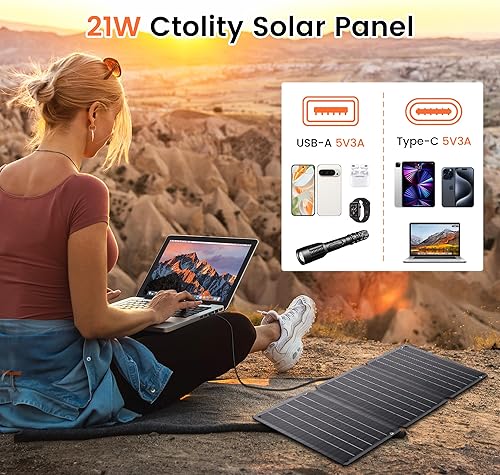 Miniatura 3 de Panel solar portátil de 21 W, cargador solar plegable con doble USB-AUSB-C para teléfono, laptop, camping, senderismo, RV, banco de energía al aire
