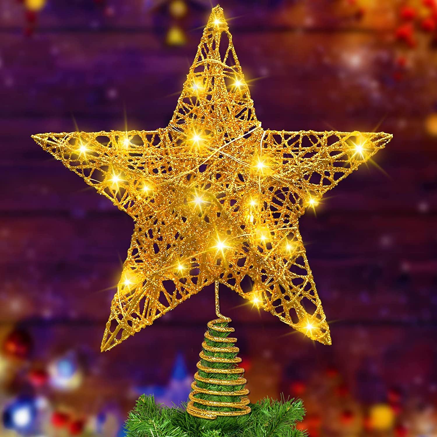 Estrella Arbol Navidad, con 15 Luces LED Decoración de árbol de Navidad con Golden de 25cm con Estrella de Metal para árbol de Navidad Decoración