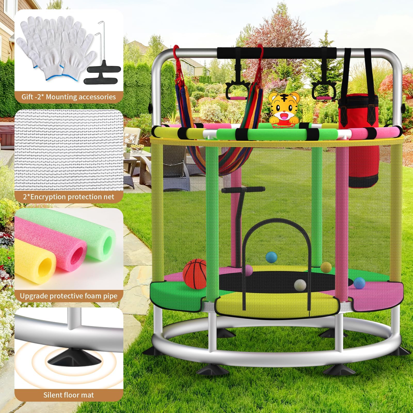 Kleinkinder-Trampolin mit Netz – 140 cm Indoor Outdoor Trampolin, 200 kg, mit Spielkorb, Turnstange & Sicherheitszubehör für Kinder