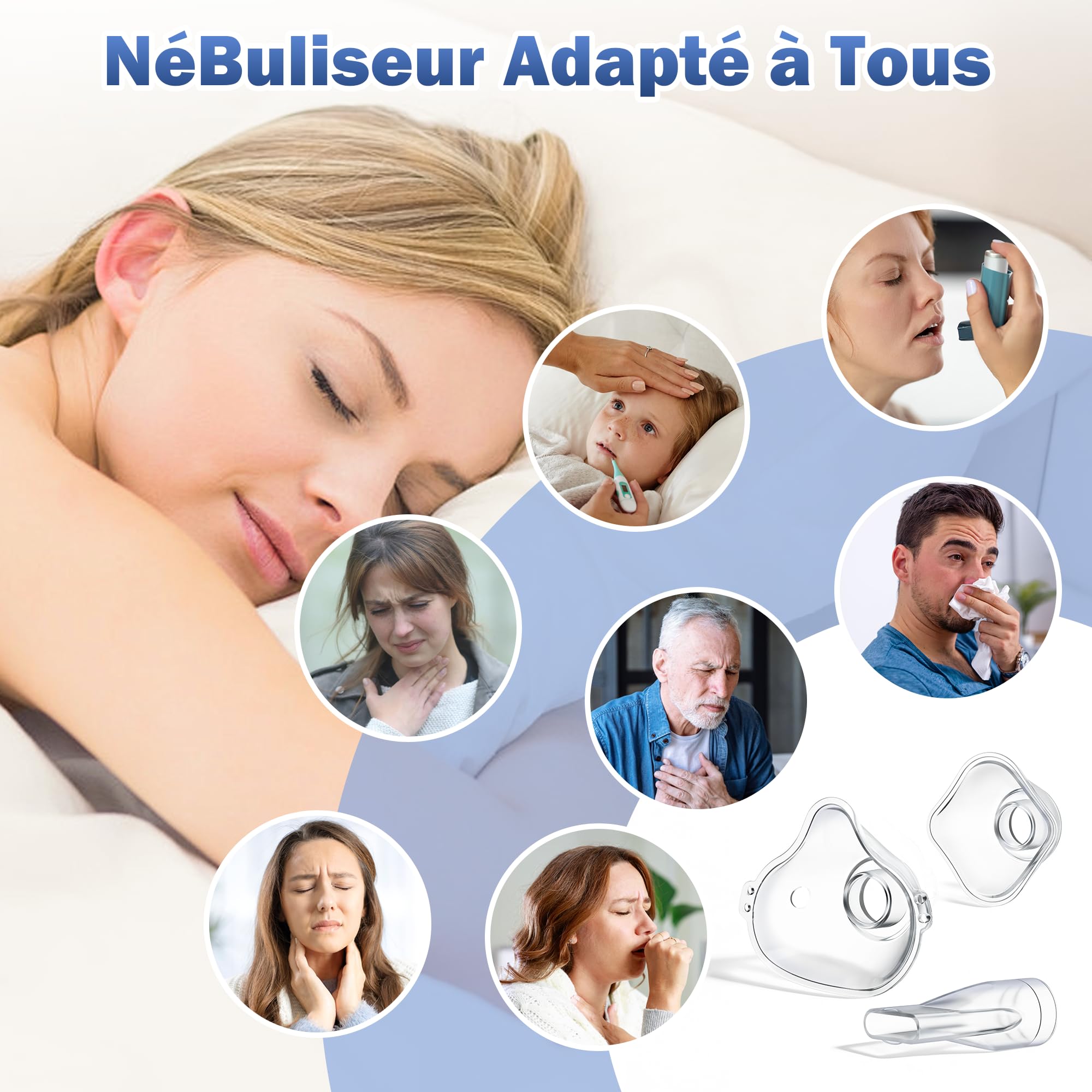Nebulisateur Silencieux pour Adulte et Enfant,Inhalateur 1200mah USB-C,Nebulisateur Bebe Protection à Sec Autonettoyant,Aerosol Bebe LED Nébuliseur Portable avec 2 Masques et Embout Buccal