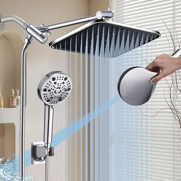 GAOZHIBST Shower Head 14" Rain Shower Head High Pressure Dual Shower Heads 9 Sprays Handheld Fixed Showerhead Combo with 70" Long Rainfall Showerheads Hose &11'' Extension Arm Adjustable,Chrome