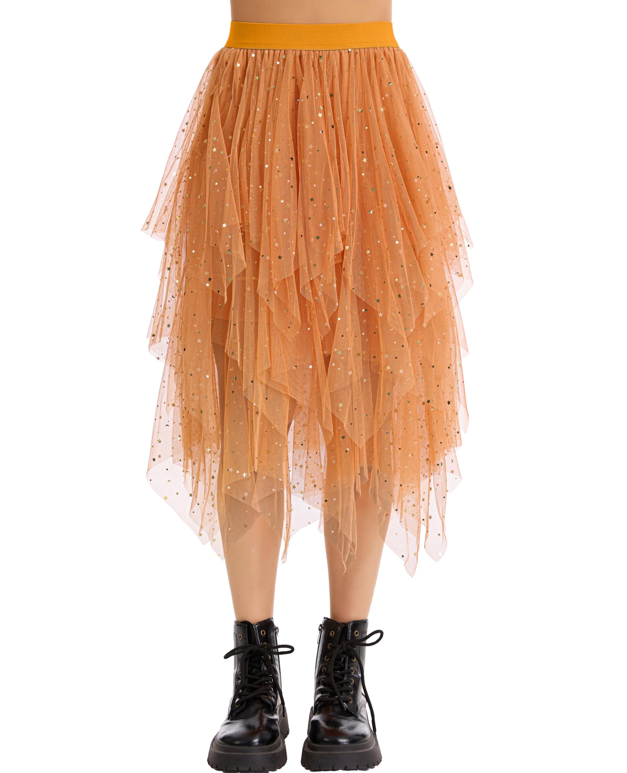 Lovasy Pailletten Rock Damen Tüllrock Schwarz Knielang High Low Layered Faltenrock Midi Rock A-Linie Unregelmäßiger Puffy Fee Tutu Röcke