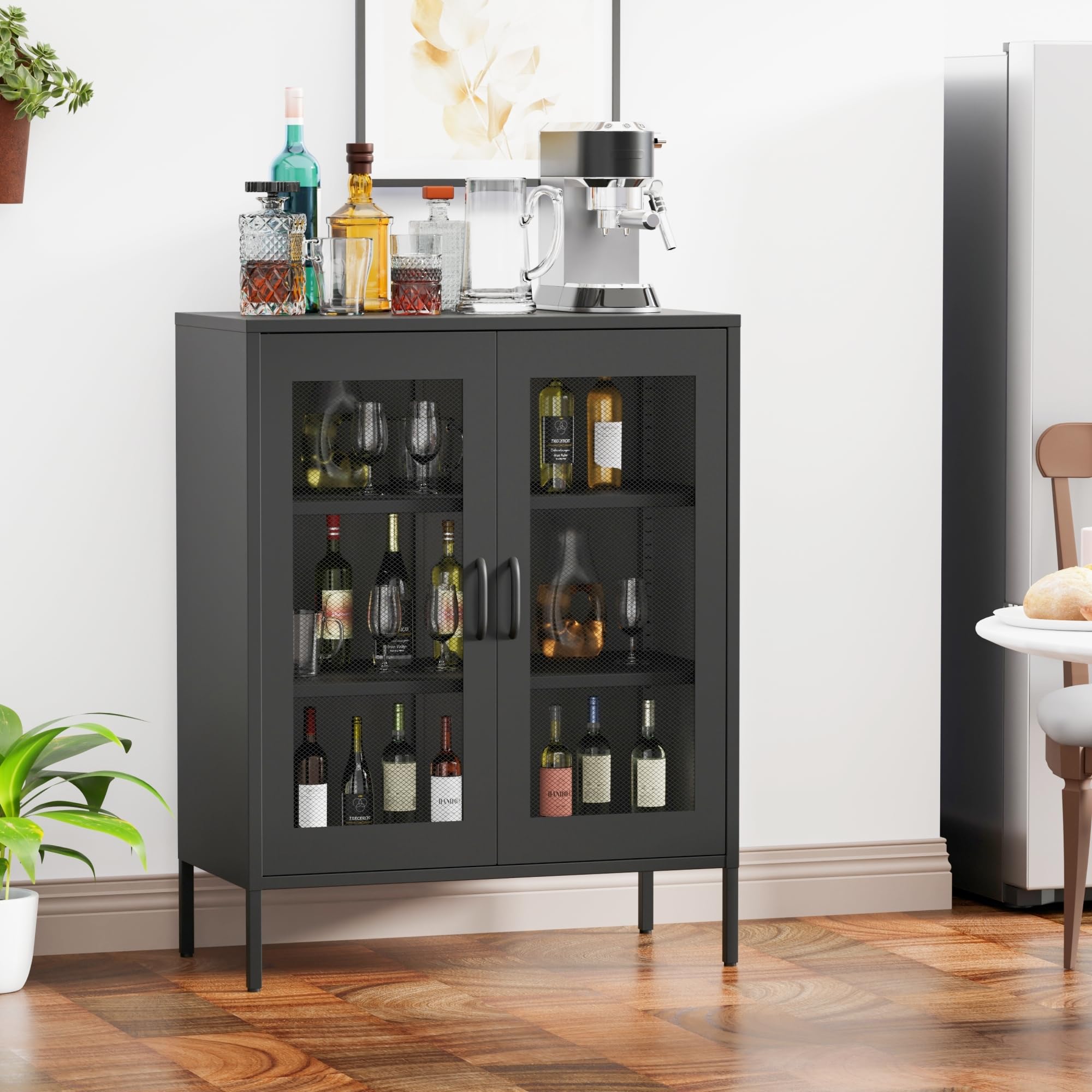 COFaR Black Metal Cabinet,Metal Locker Storage Cabinet with Mesh Doors and Shelves,3-Tier Office Cabinet,Metal Storage Cabinet,Liquor Cabinet,Sideboard for Home Office,Kitchen,Coffee Bar