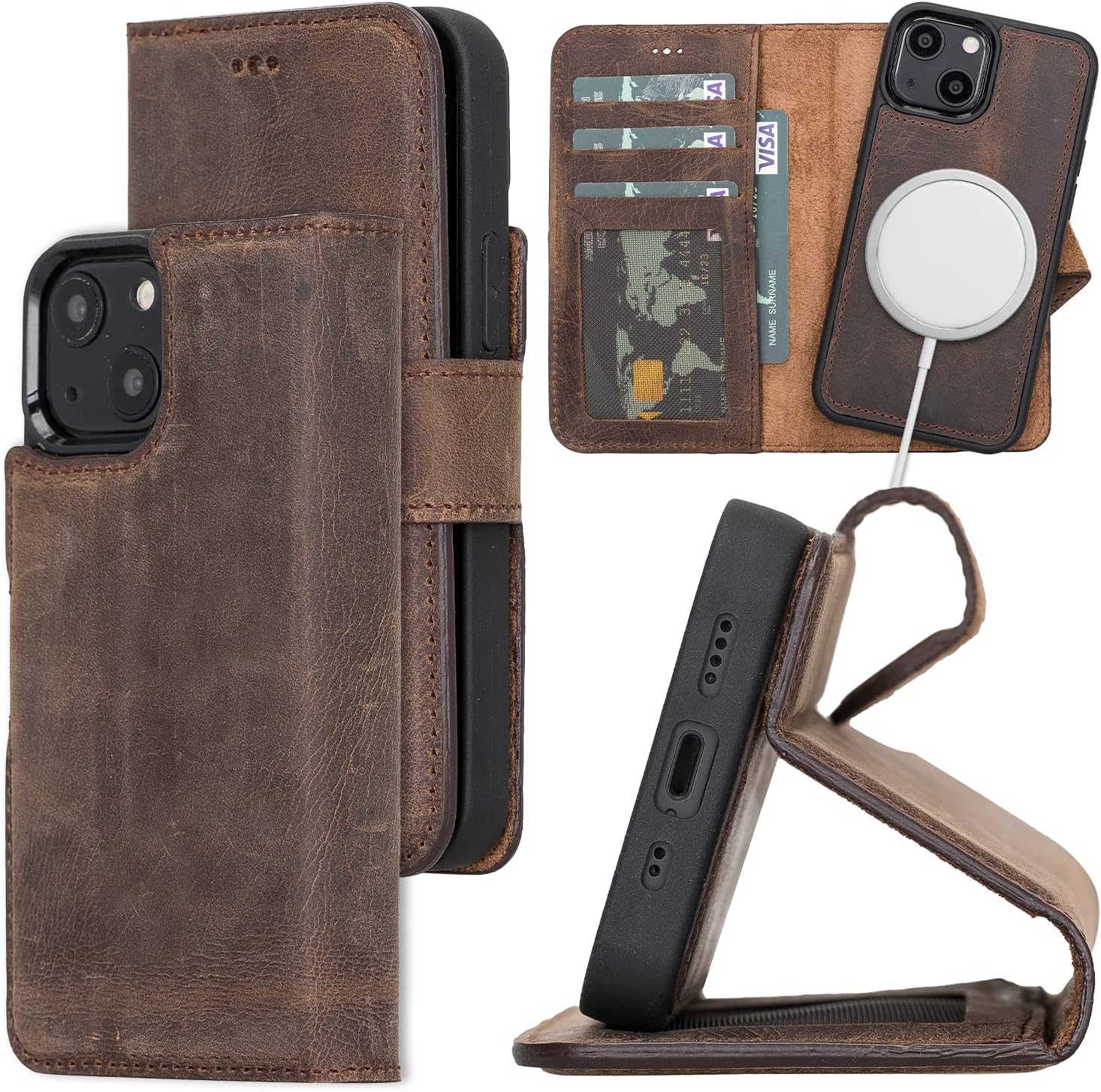 Bayelon Case for iPhone 13 Mini, Full Grain Leather Wallet Case, [2in1], Detachable Magnetic Flip Cover with Card Slots, Kickstand, MagSafe Compatible (Dark Brown)