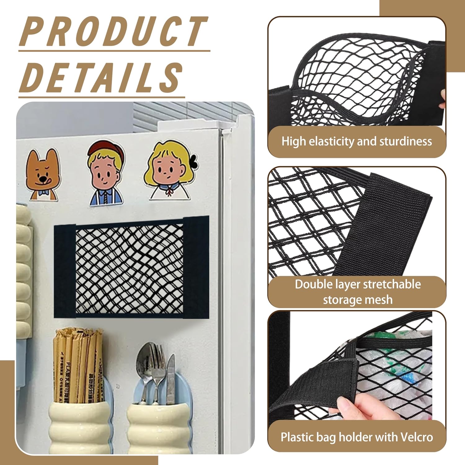 3Pack Plastic Bag Holder Mesh Storage Net Grocery Holder with Adhesive Backing Organizer Dispenser for Garbage Wrap Shopping Bag Wall Mounted 3 Size