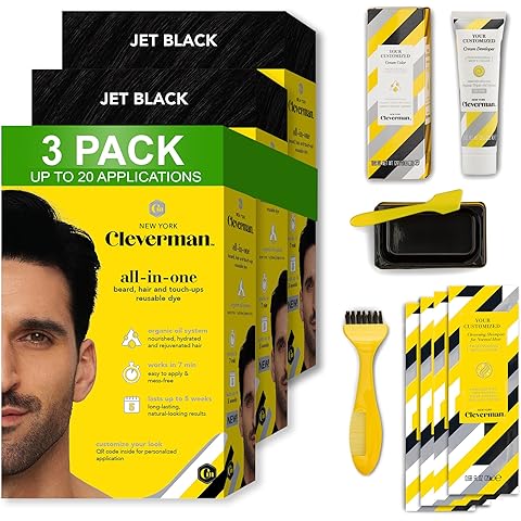 3x2 Pack Cleverman Jet Black Hair & Beard Dye Kit for Men - All-in-One Reusable for Natural-Looking Gray Coverage, Professional-Quality and Ammonia-Free