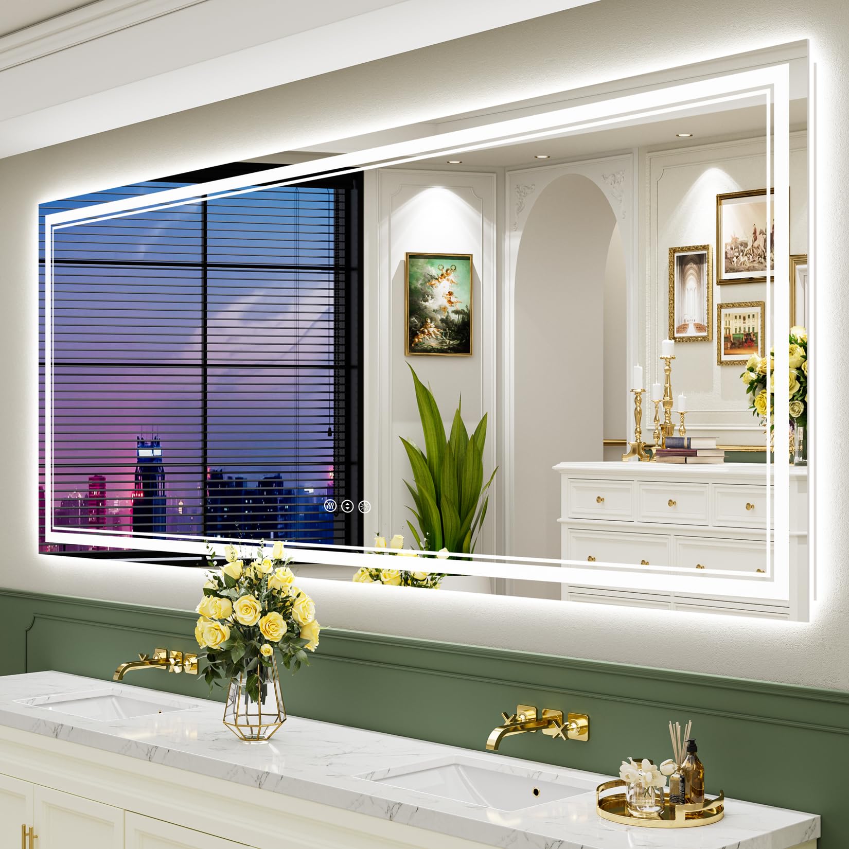 88x38 LED Bathroom Mirror with Lights, Backlit and Front Lit Anti-Fog Lighted Vanity Mirrors for Bathroom Wall, Dimmable, 3-Color Light, Memory, Shatter-Proof, HD Tempered Glass, CRI＞90