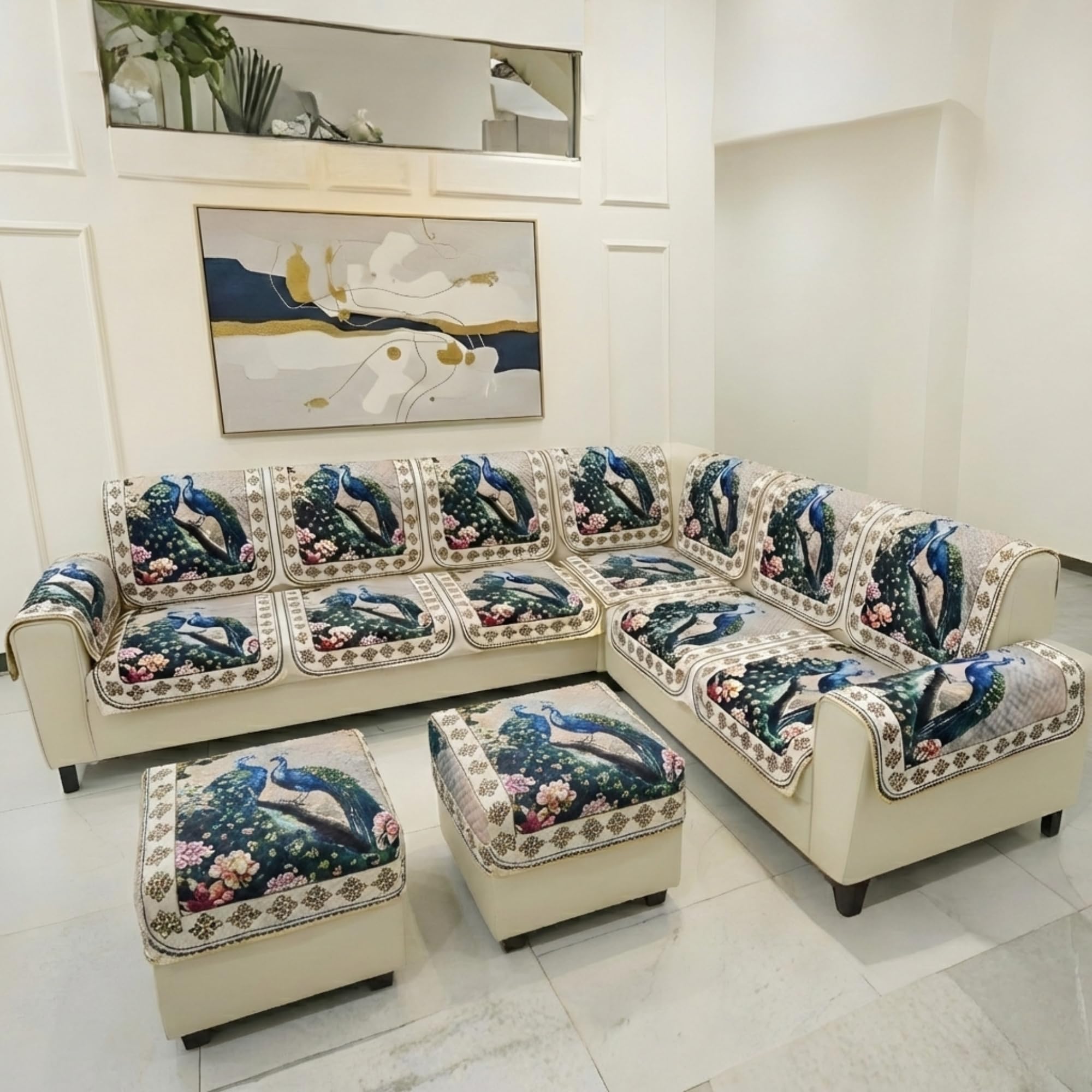 Fab Nation Quilted Sofa Cover L Shape 7 Seater with Corner L Type Fully Covered Antiskid Sofa Set | Velvet Sofa Slipcovers for 4 + 3 Seaters with 2 Arms + 2 Setty Covers, Peacock Cream-image-11