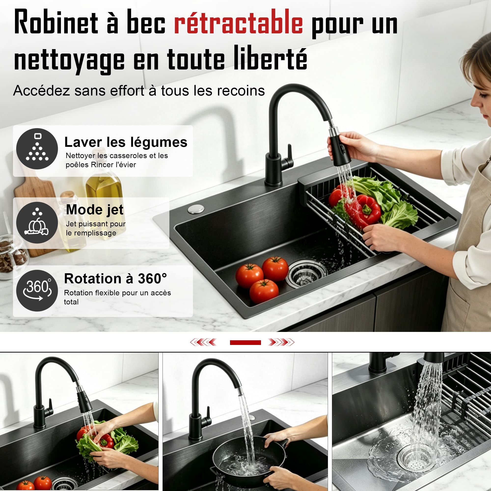 Yc Kitchen Évier Cuisine Noir en Acier Inoxydable -1 Bac 68 X 45 cm | Lavabo Cuisine Encastrable Avec Robinet et Egouttoir — Kit de Vidange