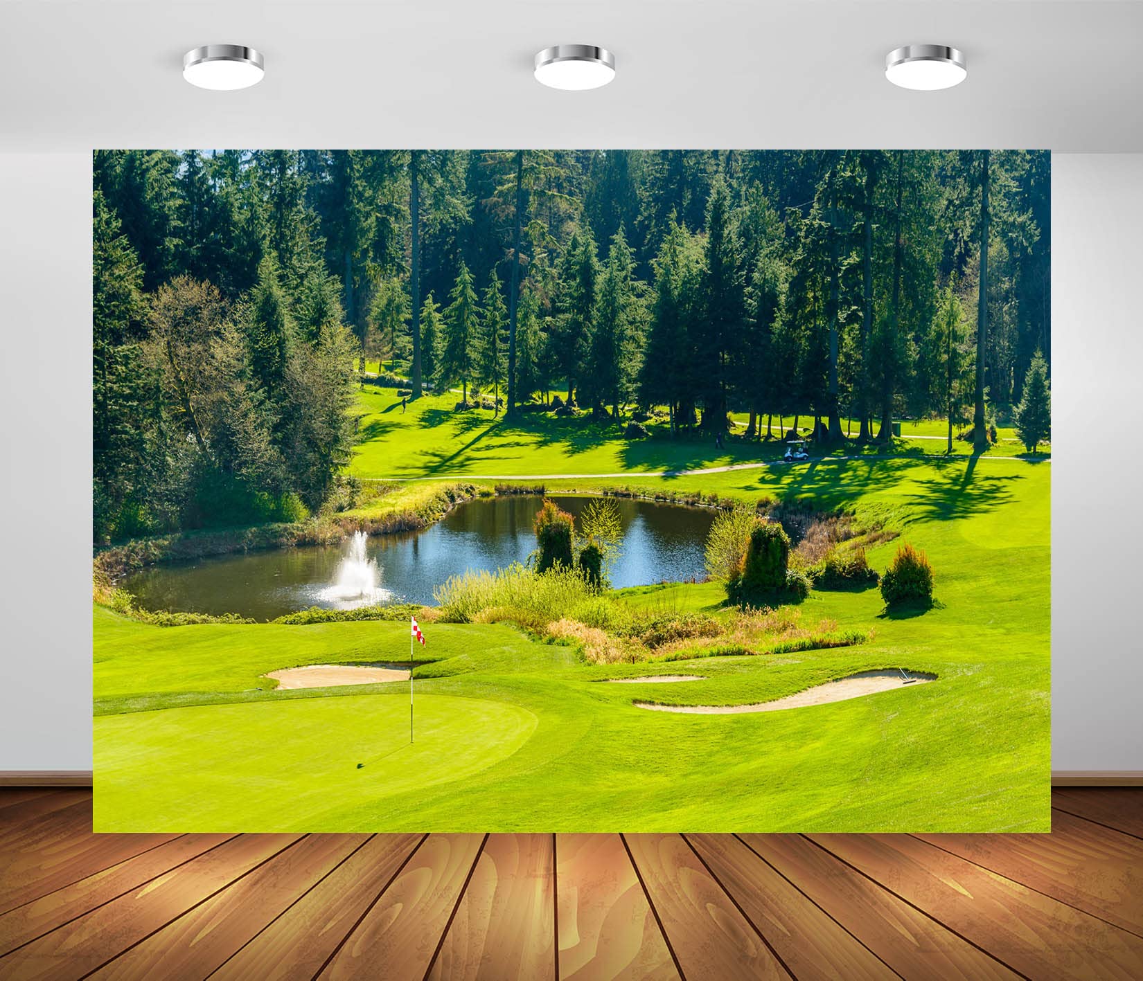 BELECO 15x8ft Fabric Golf Course Backdrop for Photography Green Grass Lawn Bunker and Lake Woodland Trees Outdoor Golf Backdrop Golf Party Decorations