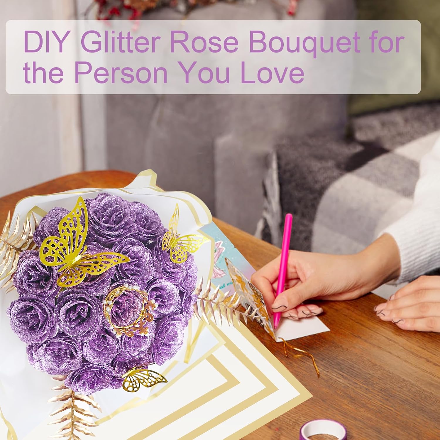 Artificial Glitter Roses - 24 Pack DIY Fake Shiny Floral for Crafts Wedding, Anniversary, Mother's Day,Birthday and Valentine's Day Lilac - Image 6