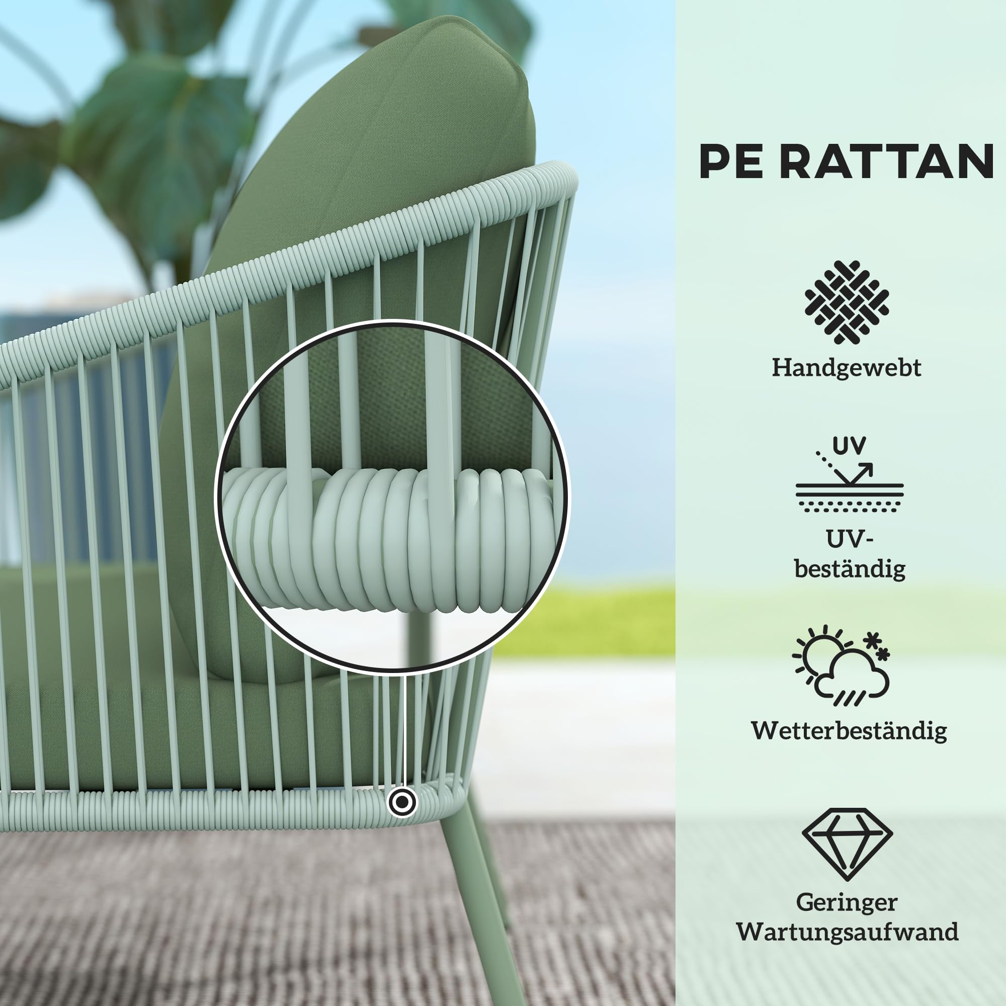 Outsunny Gartensofa 2-Sitzer Rattansofa mit Kissen Loungesofa Sitzgruppe, Wetterfest Couch für Garten Terrasse Balkon, Poly Rattan Grün