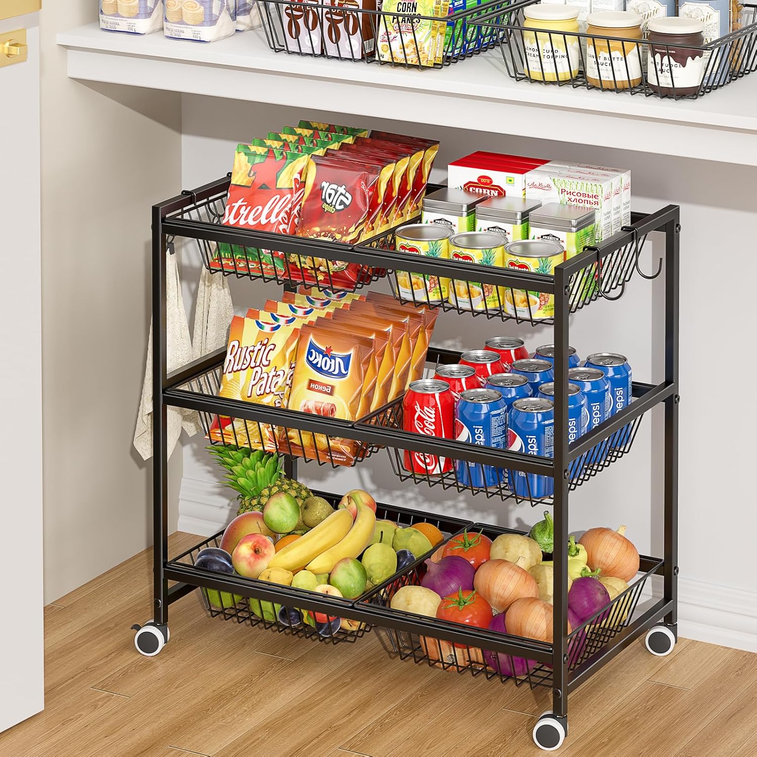 3-Tier Rolling Pantry Floor Organizer Cart with 6 Detachable Baskets, Metal Wire Fruit Basket Stand with Wheels, Kitchen Storage Cart for Fruit Vegetables, Snack Cart for Pantry Kitchen Living Room - Image 3