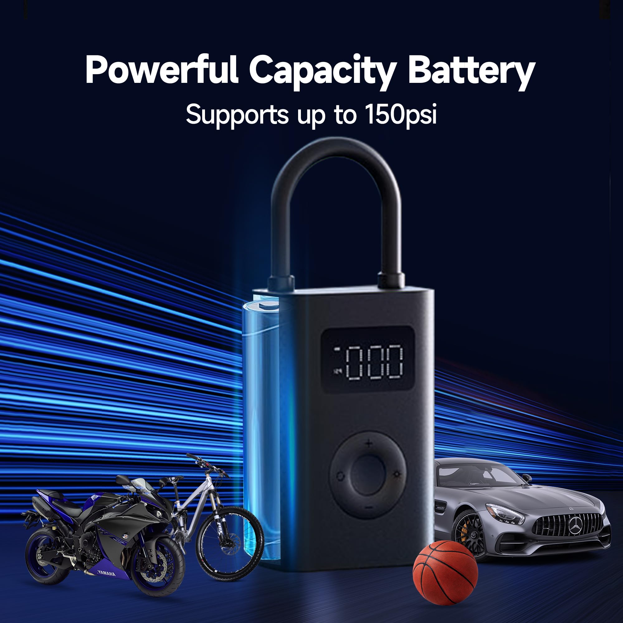 Xiaomi Compressore d'aria elettrico portatile, 150 psi, per auto, scooter, bici e palloni, senza fili, con rilevamento digitale della pressione
