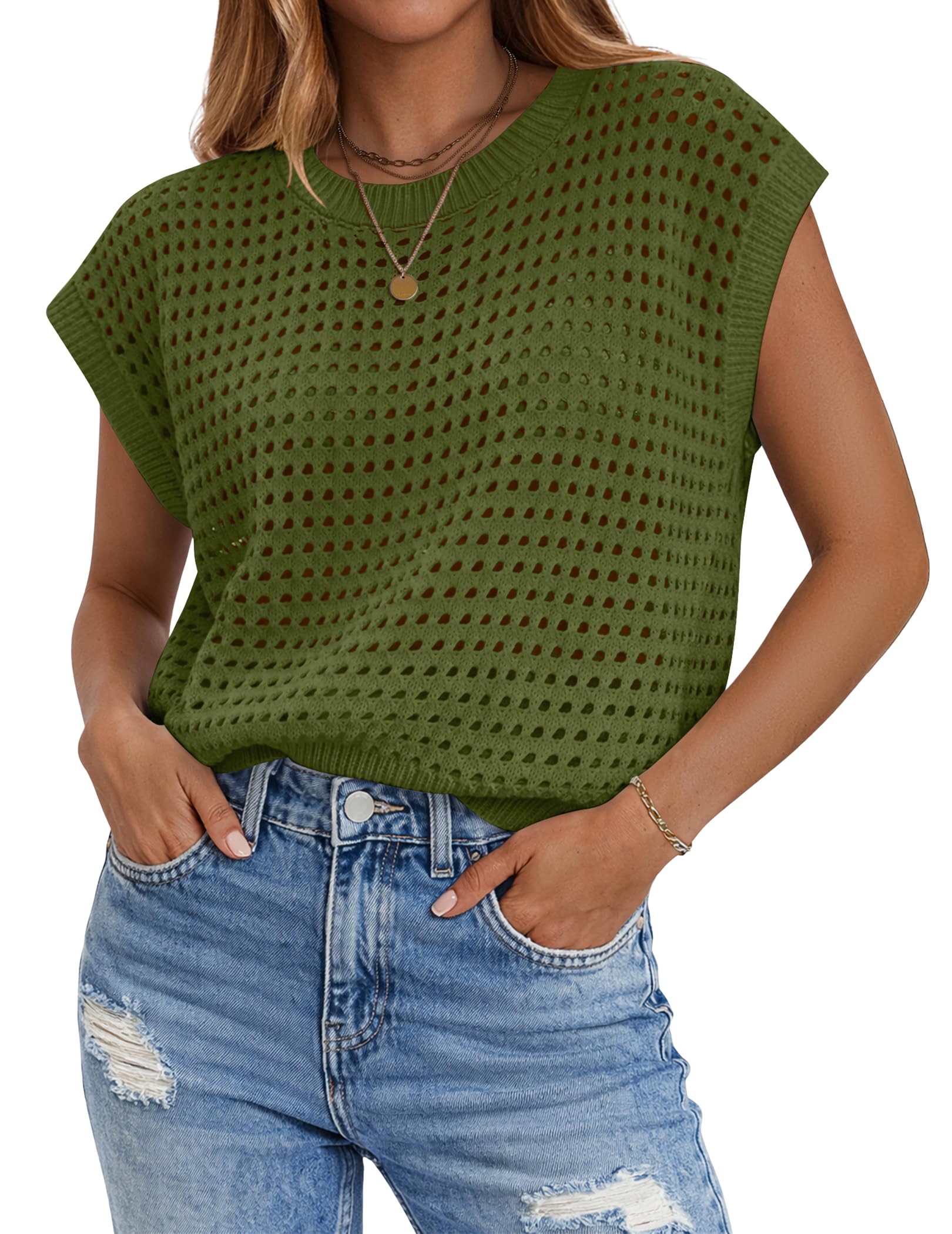 Zeagoo Womens Spring Summer Crochet Tops Cap Sleeve Sweater Vest Hollow Out Pullover Shirts Beach Vacation Clothes