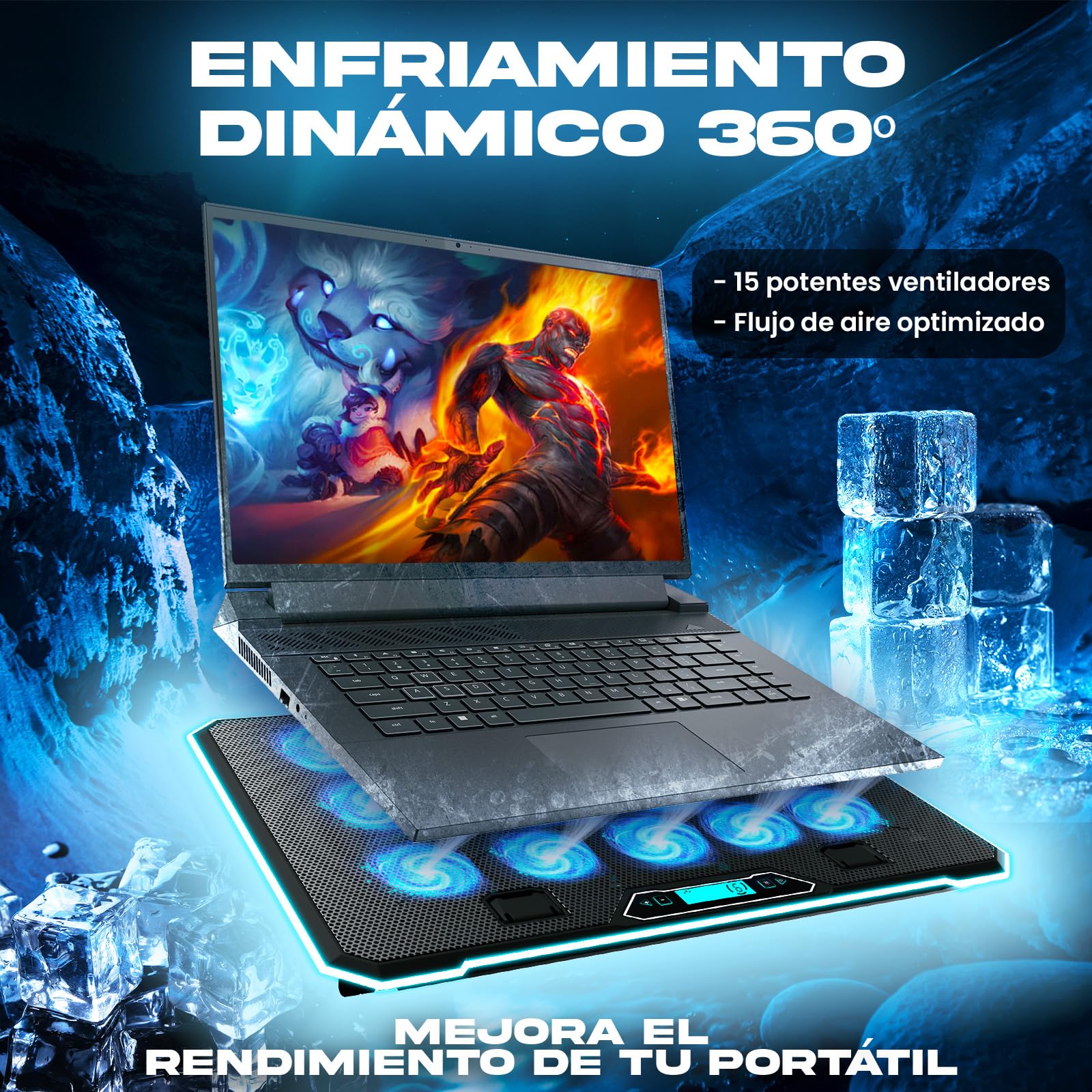 KLIM V15 Base Refrigeradora para Portátil Gaming con 15 Ventiladores + Soporte RGB Estable para Portátil con Ventilador + Compatible hasta 17" + 2 Puertos USB + Soporte para Teléfono