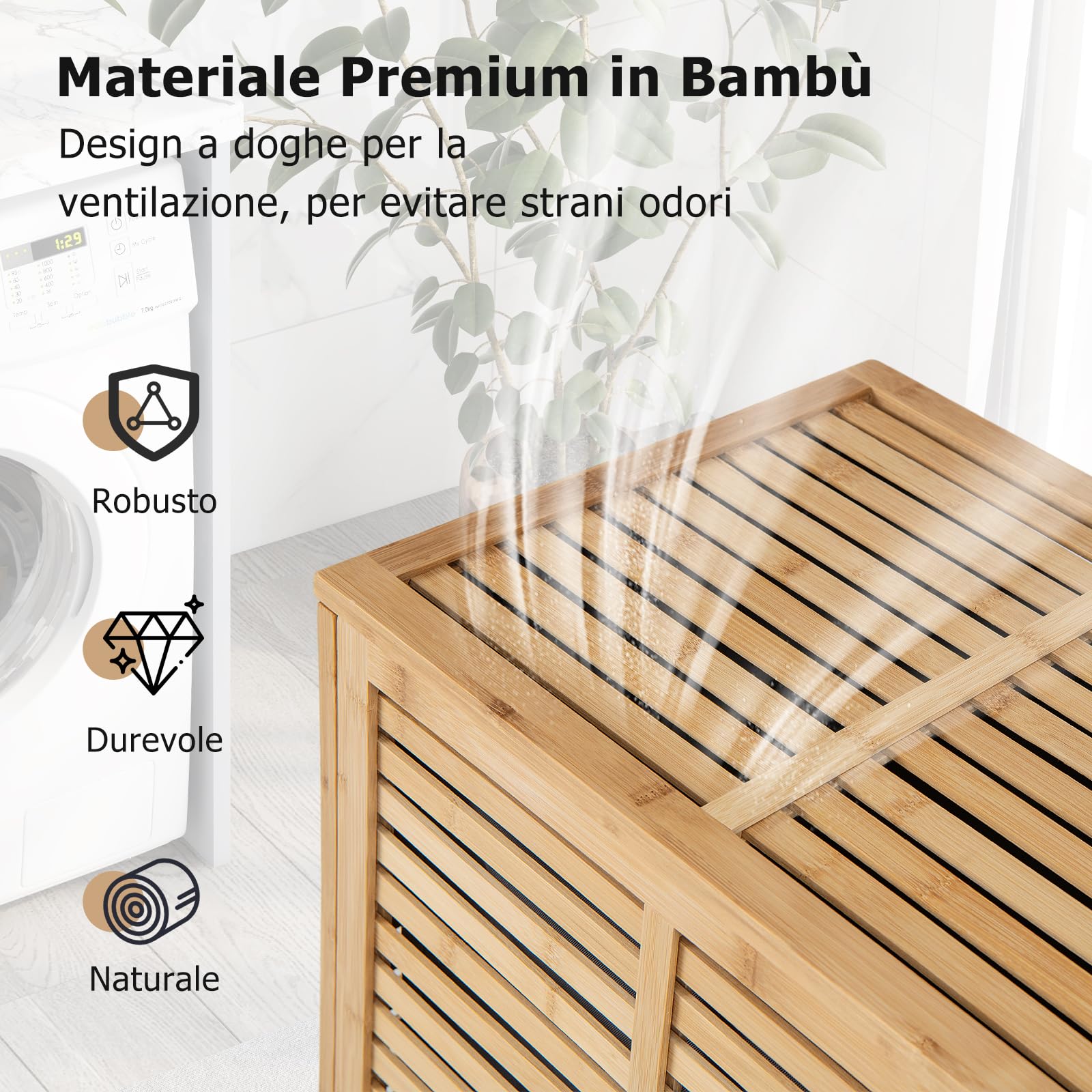 GYMAX Cesta Portabiancheria con Coperchio, 80 L Porta Biancheria in Bambù con Manici e Borsa Rimovibile, per Camera, Bagno, Dormitorio e Lavanderia, 50 x 35 x 62 cm