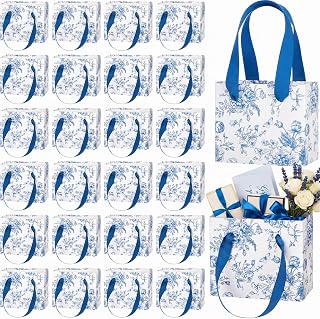 Ctosree 48 Pcs Small Floral Gift Bags, Blue Mini Paper Favor | Bulk Favor Bags for Wedding Bridesmaid Bridal Birthday, Flower Print 4.72x2.36x3.94 in, Party Goodie Wrapping with Handle