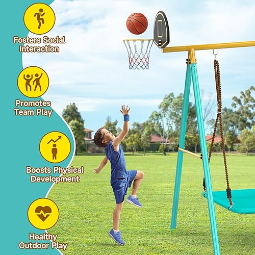 Miniatura 4 de Juego de columpios para patio trasero, juegos de columpio de metal resistente para niños con 2 columpios, escalera de escalada y redes, barra de