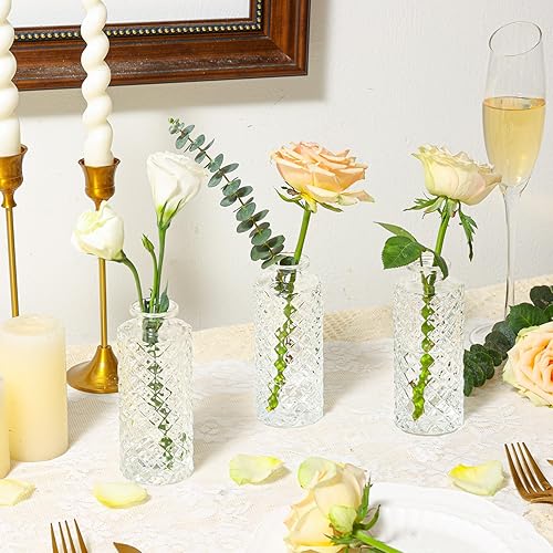 Miniatura 2 de ComSaf Juego de 3 jarrones de cristal, pequeños jarrones de flores a granel, mini jarrones de diamante para centros de mesa, jarrón vintage