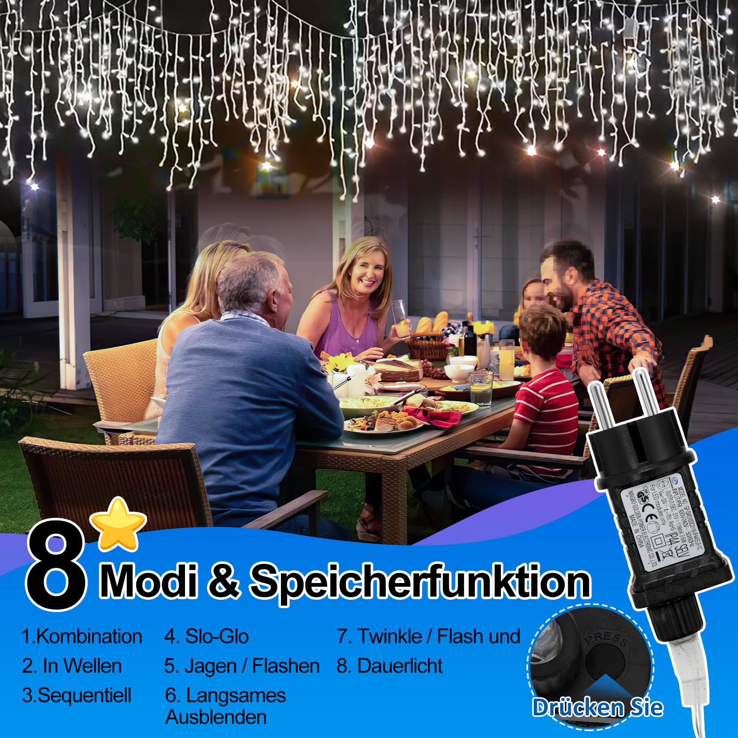 Ikodm 4 Stück LED Eisregen Lichterkette Außen 5m 200 LEDs Kaltweiß, Weihnachtsbeleuchtung mit 8 Modi, IP44 wasserdicht für Innenausstattung Außenbereich Schlafzimmer Hochzeit Party
