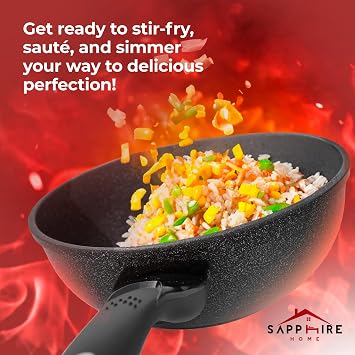 HOME N KITCHENWARE Nonstick Ceramic Wok, Frying Pan - Premium 9-Layered Cookware, Korean Marble-Coated - Easy to Clean Cast Aluminum - Induction Ready for Saute, Stir-Fry, Eggs, Fried Rice 12.5-Inch