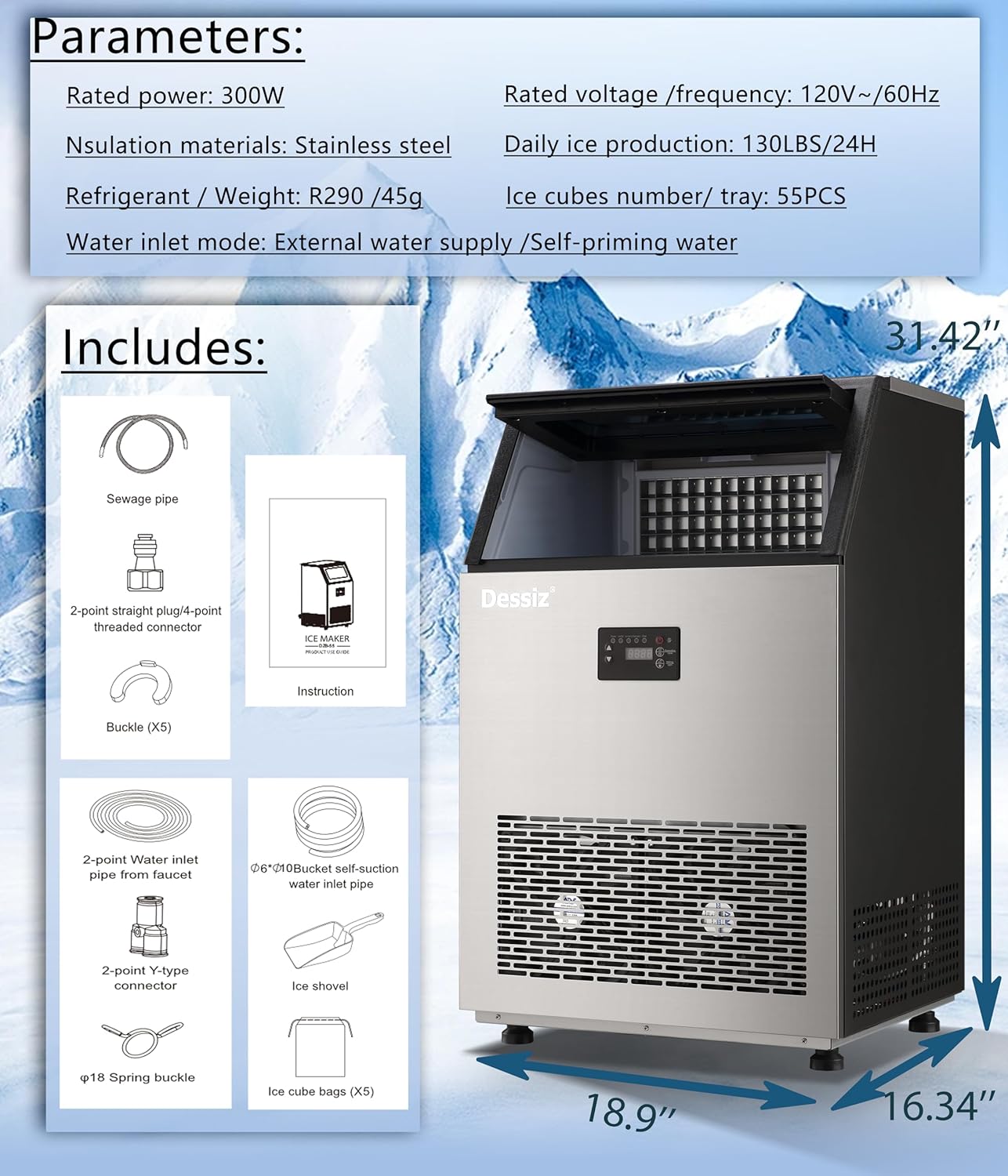 Dessiz Commercial Ice Maker Machine, 130lbs/24H Stainless Steel Under Counter ice Machine with 40lbs Ice Storage Capacity, Freestanding Ice Maker.