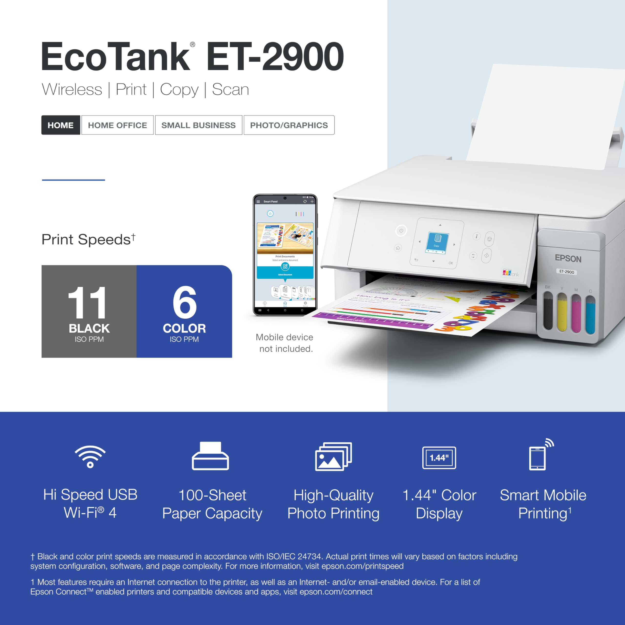 Epson EcoTank ET-2900 Imprimante couleur tout-en-un sans fil avec jusqu'à 3 ans d'encre, réservoirs rechargeables, parfaite pour la maison, 11 PPM, écran couleur de 3,66 cm, scanner intégré - Blanc