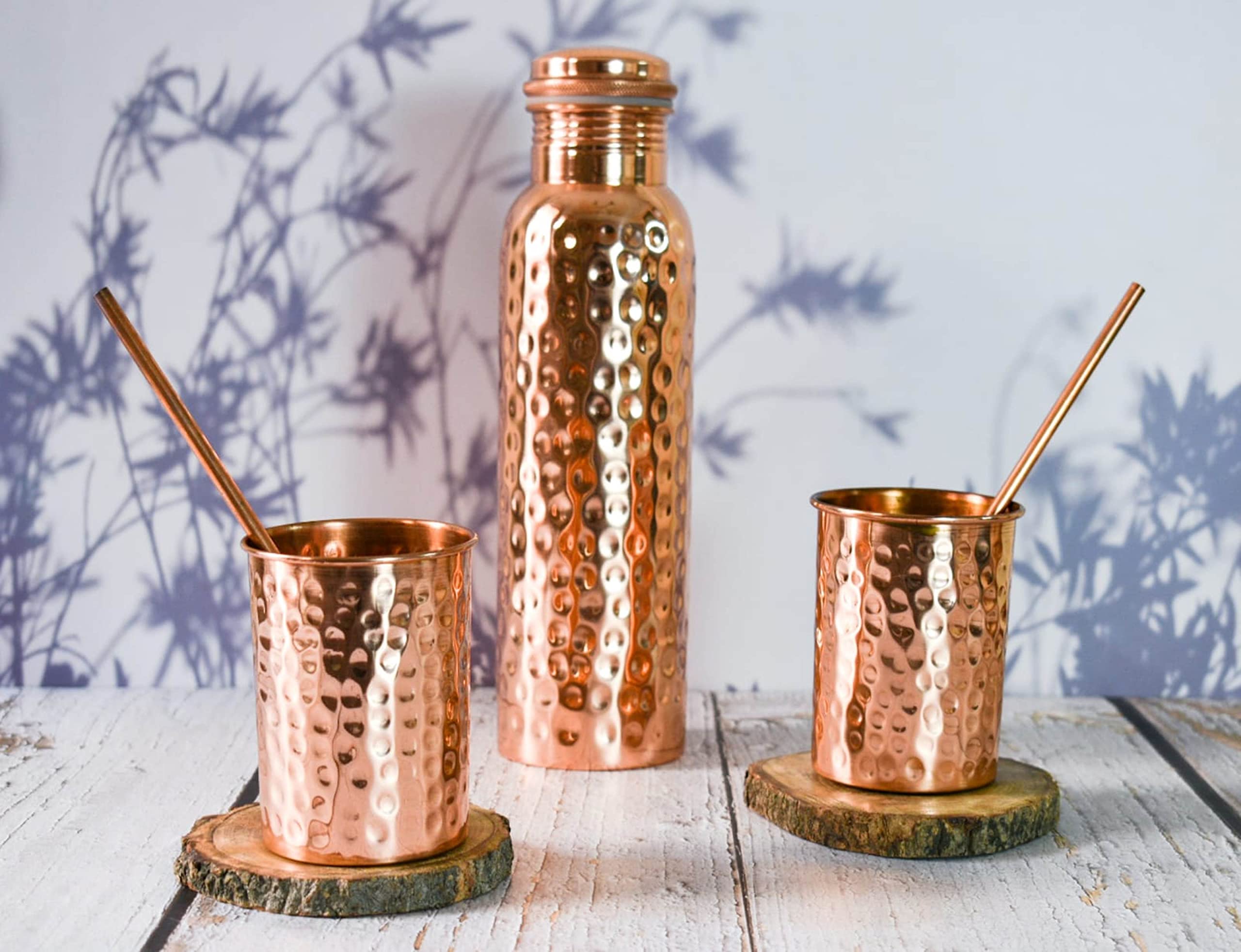 Pure Copper Water Bottle Drinking Set - Hammered Bottle with Two Glasses, Straws & Coasters | 32oz Ayurvedic Gym Yoga Vessel with Leakproof Lid