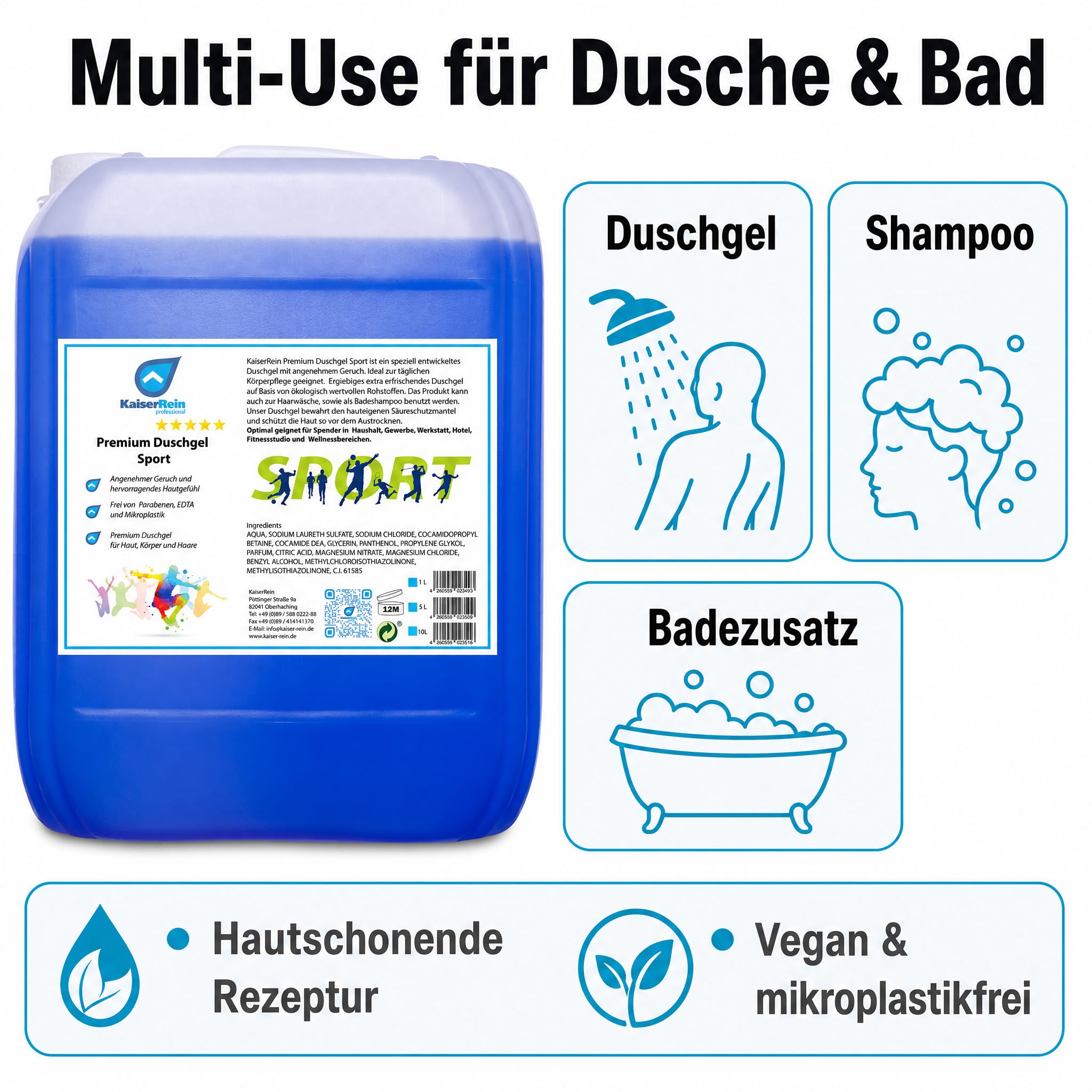 KaiserRein Duschgel Sport, Premium Duschgel für Herren und Damen, 10 L Kanister als Nachfüllpack für Spender, mikroplastikfrei, ohne Parabene und EDTA, für Körper, Haare & als Badezusatz