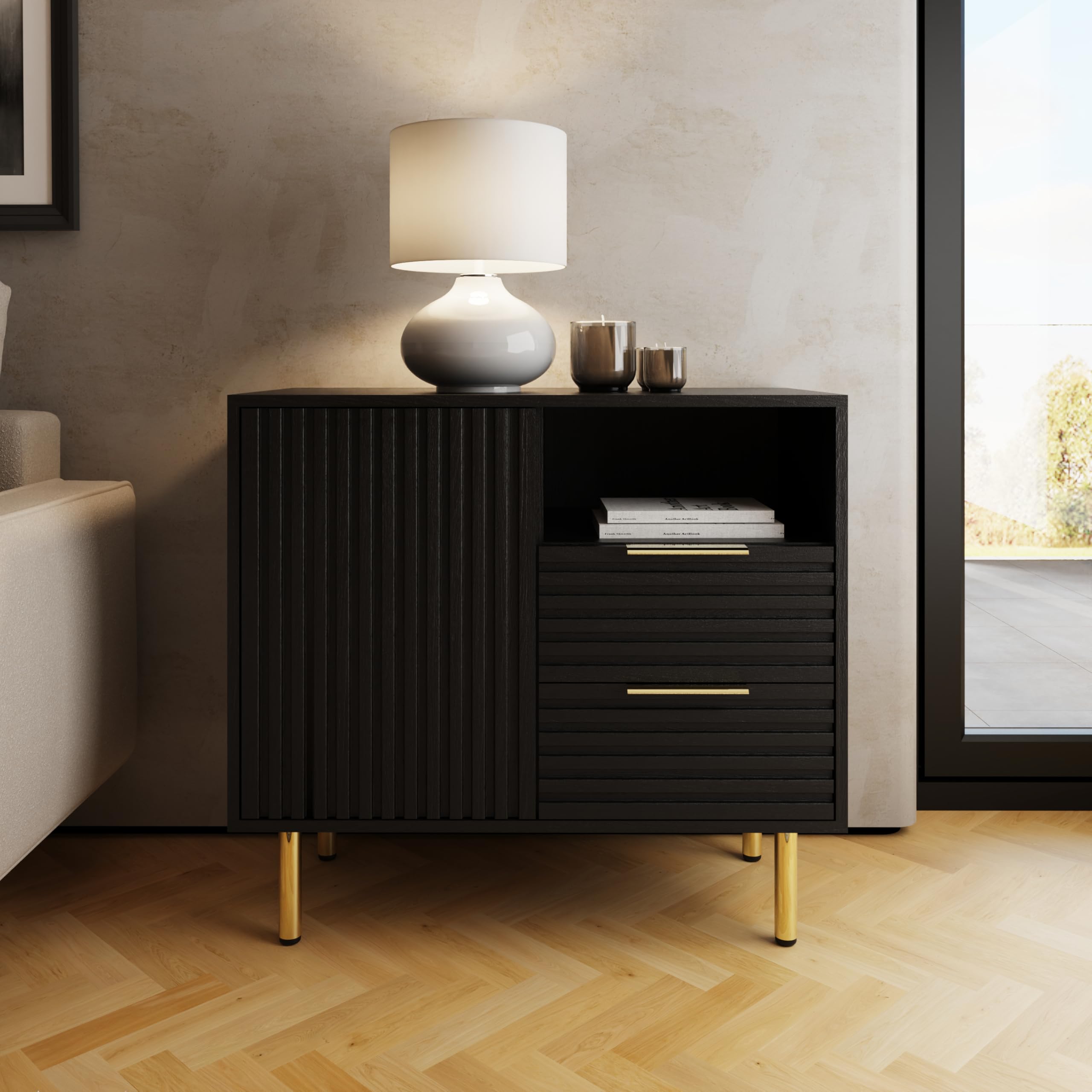 GFW Nervata Black Compact Sideboard with Drawers & Open Shelving, Modern Ribbed Storage Cabinet for Living Room or Hallway