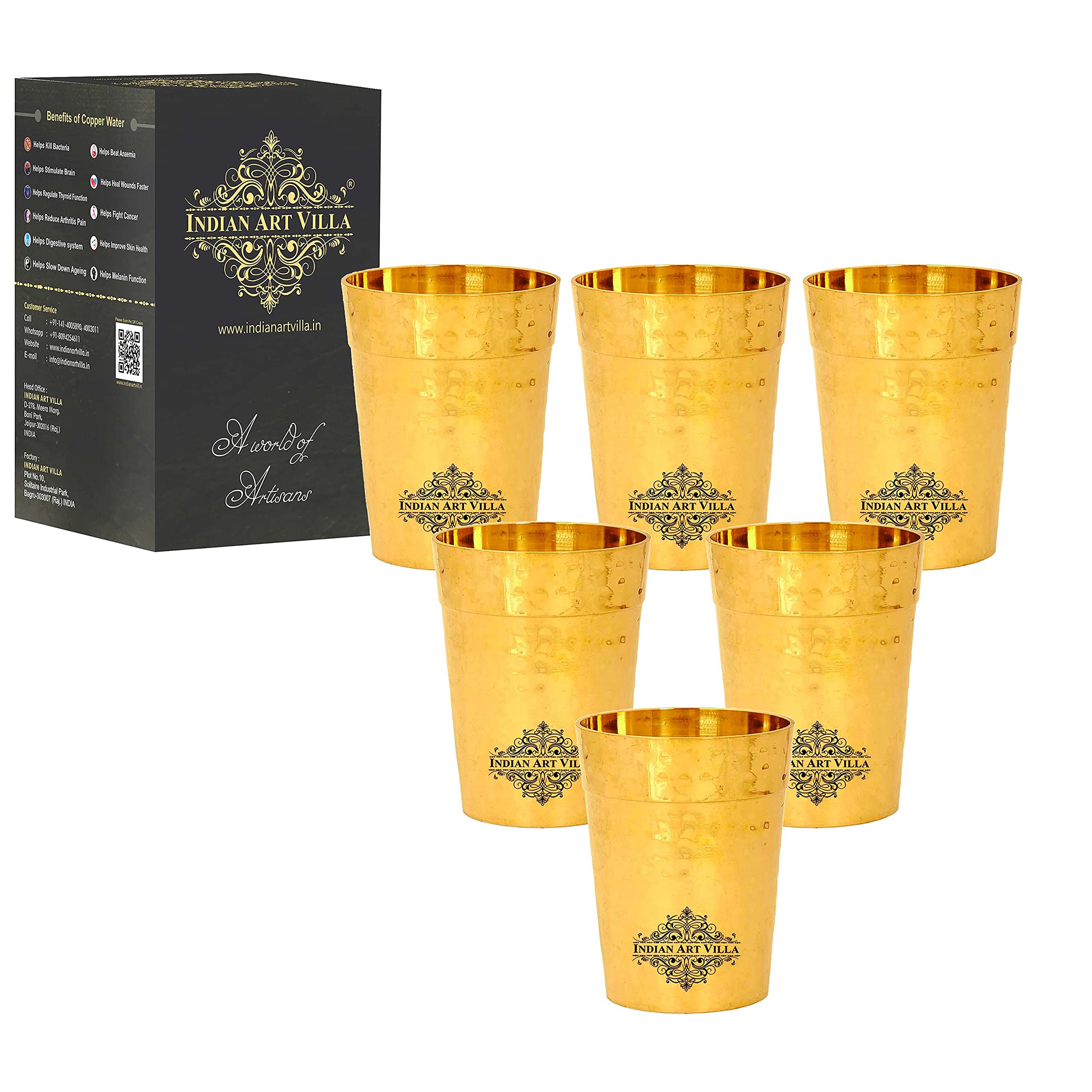 Indian Art Villa Brass Hammered Design Glass Drinkware 5 Oz Gold Serveware Drinkware Decorative Gift Item Set of