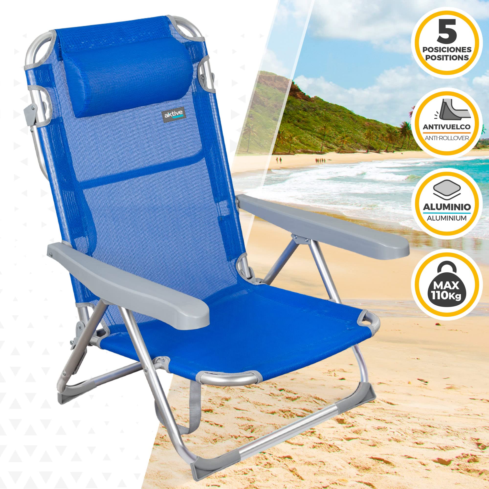 AKTIVE Beach - Lot de 2 Chaises de Plage Pliantes Gomera, Multipositions avec Dossier Réglable, Coussin, Protections Anti-Renversement et Poignée de Transport, 48 X 60 X 90 cm, Bleu