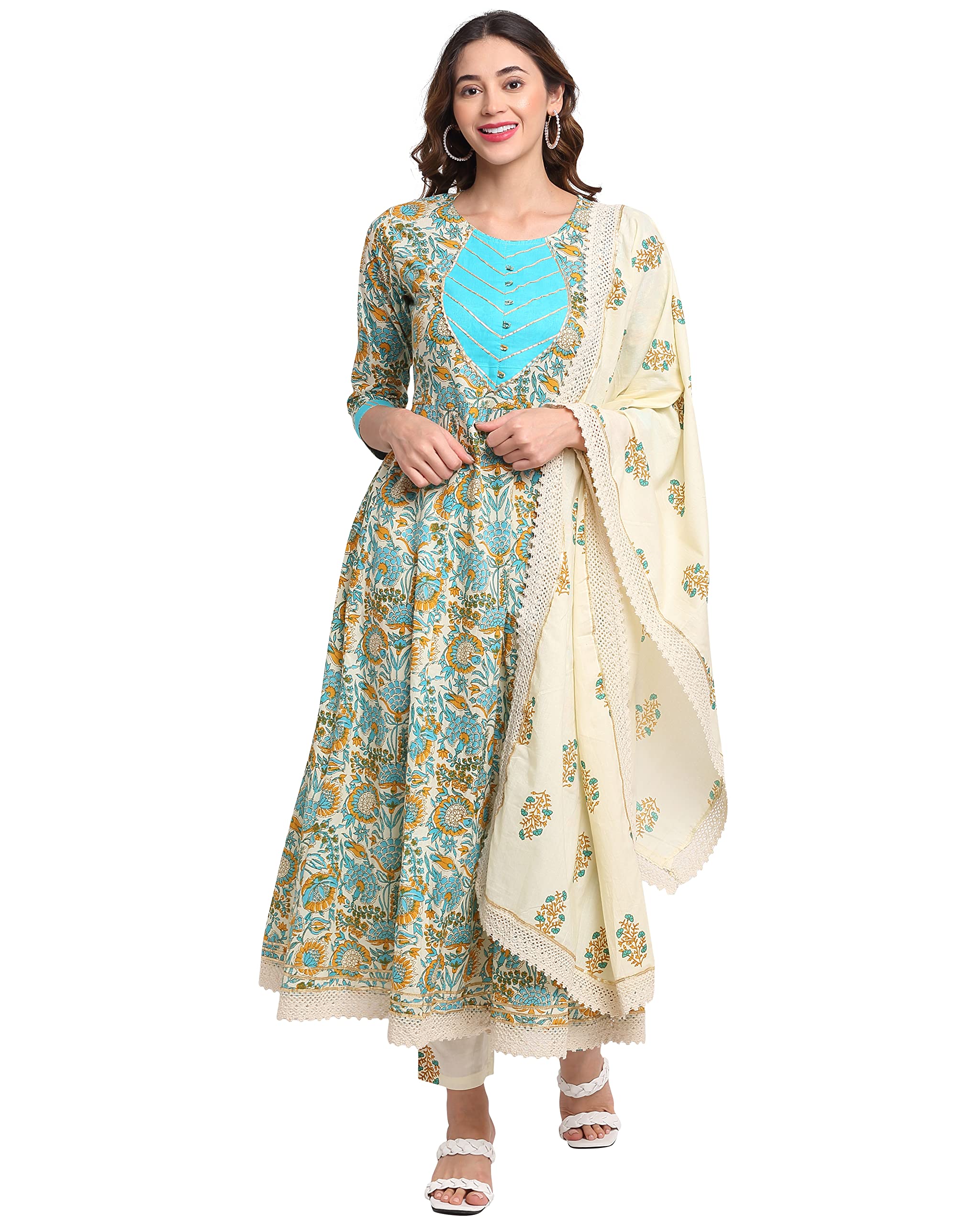 MoniraWomen's Pure Cotton Floral Printed Kurta Set with Dupatta S to 4XL