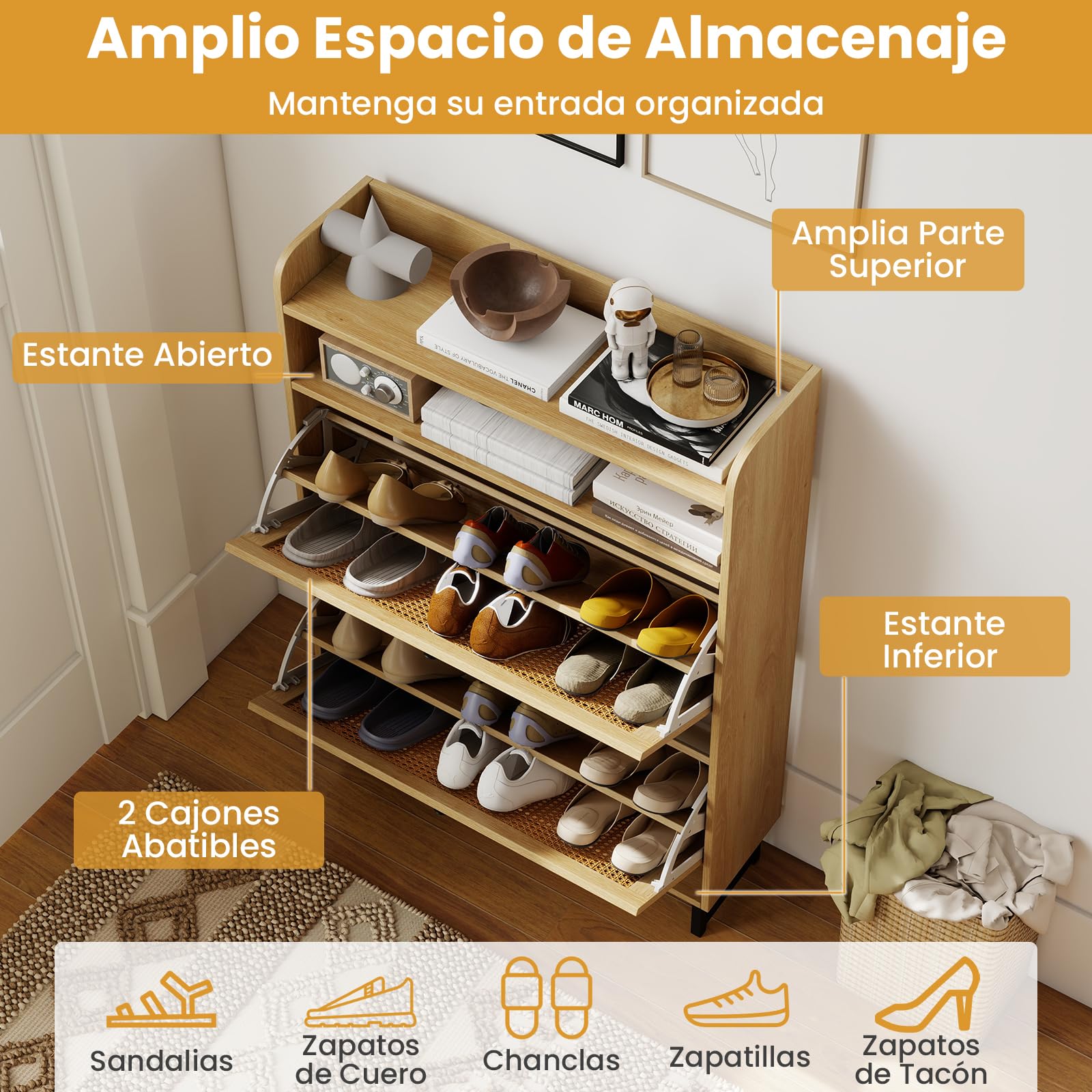 COSTWAY Zapatero Armario con 2 Cajones Abatibles, Mueble Zapatero Estrecho Puertas de Ratán y Patas de Metal, Entrada Recibidor Pasillo, 80 x 24 x 115 cm