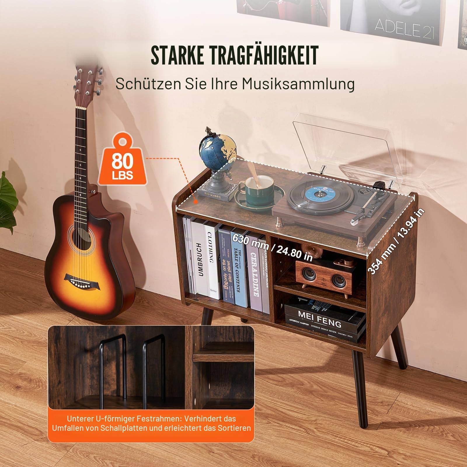 VEVOR Plattenspielerständer mit abnehmbaren Regalen, Schallplattenständer mit Aufbewahrung für bis zu 100 Alben, Vinyl-Schallplattenschrank Plattenspielertisch höhenverstellbar für Wohnzimmer