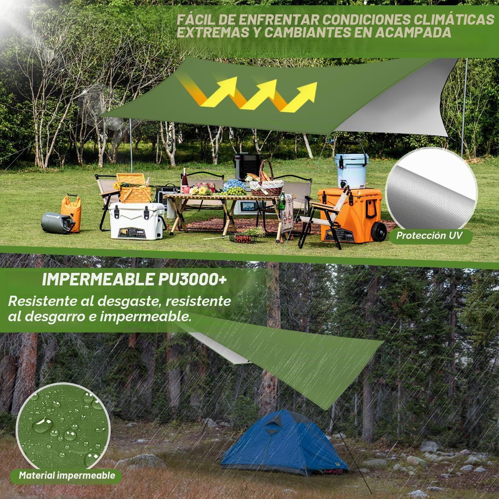 Toldo de Refugio Impermeable 3X3M,Ultraligero y Portátil Toldo Camping, Tienda de Campaña Hamaca Protección UV Anti Desgarro, Ideal para Acampar Senderismo Picnic al Aire Libre, Verde